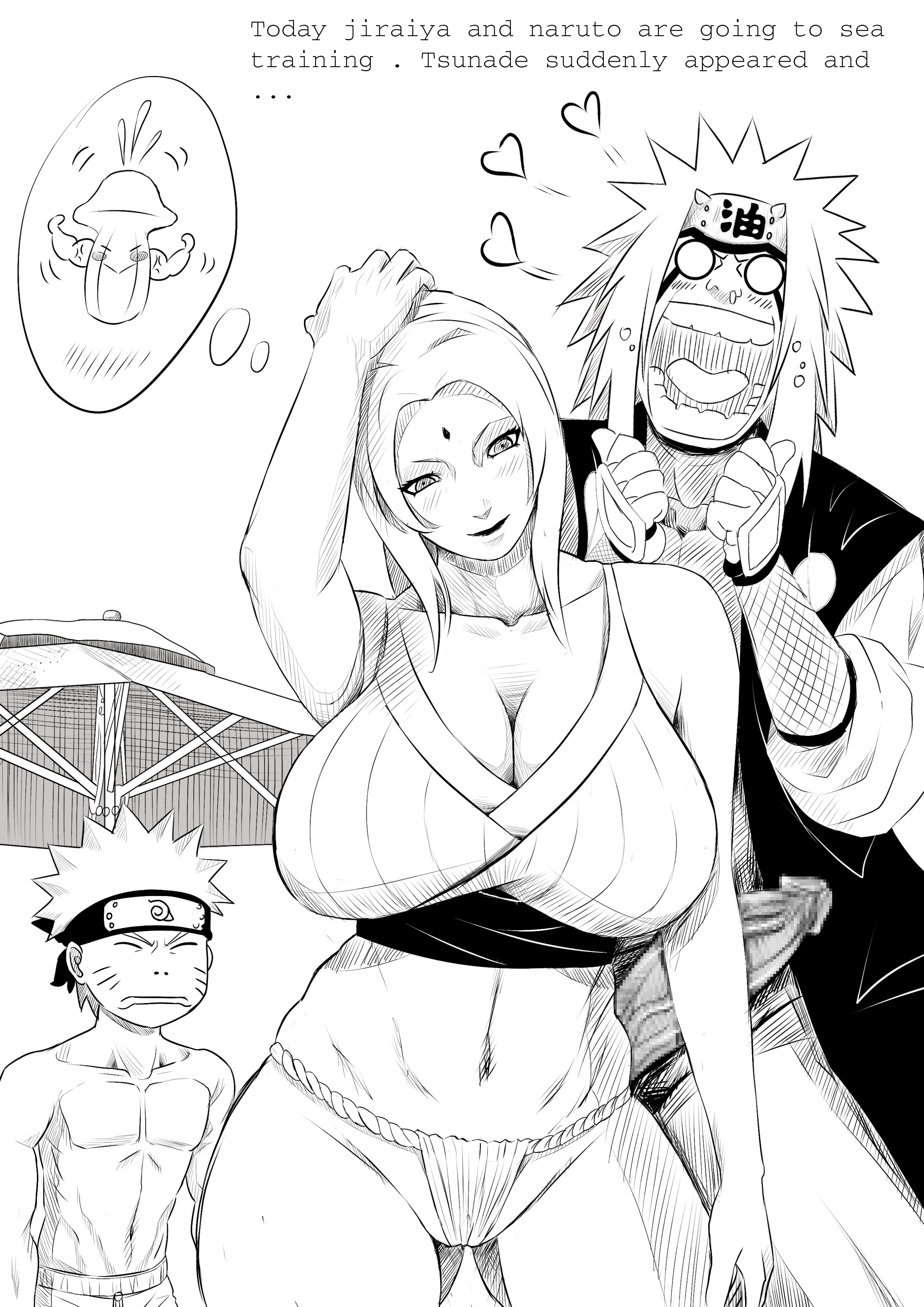 1girls, 2boys, before sex, big breasts, big penis, blush, bottomless, breasts, crop top, erect penis, erection, female, fundoshi, huge breasts, jiraiya, kimkun0162, male, male/female, monochrome, multiple boys, multiple males, naruto, naruto (classic), naruto (series), no pants, penis, pervert, screaming, teacher and student, thick thighs, thumbs up, tsunade, uzumaki naruto, voluptuous, wide hips