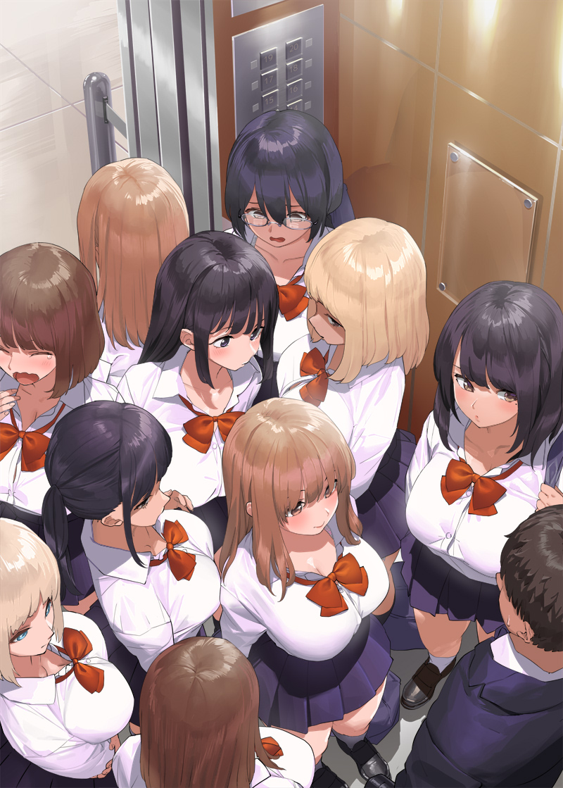 1boy, 6+girls, black eyes, black hair, blonde hair, blouse, blue eyes, blue skirt, bow, bowtie, breasts, brown eyes, brown hair, button gap, cleavage, commentary request, elevator, female, glasses, indoors, kaisen chuui, large breasts, looking at another, male, mole, mole under eye, multiple females, multiple girls, open mouth, original, pleated skirt, red bow, red bowtie, school uniform, shirt, short hair, skirt, standing, tears, white shirt