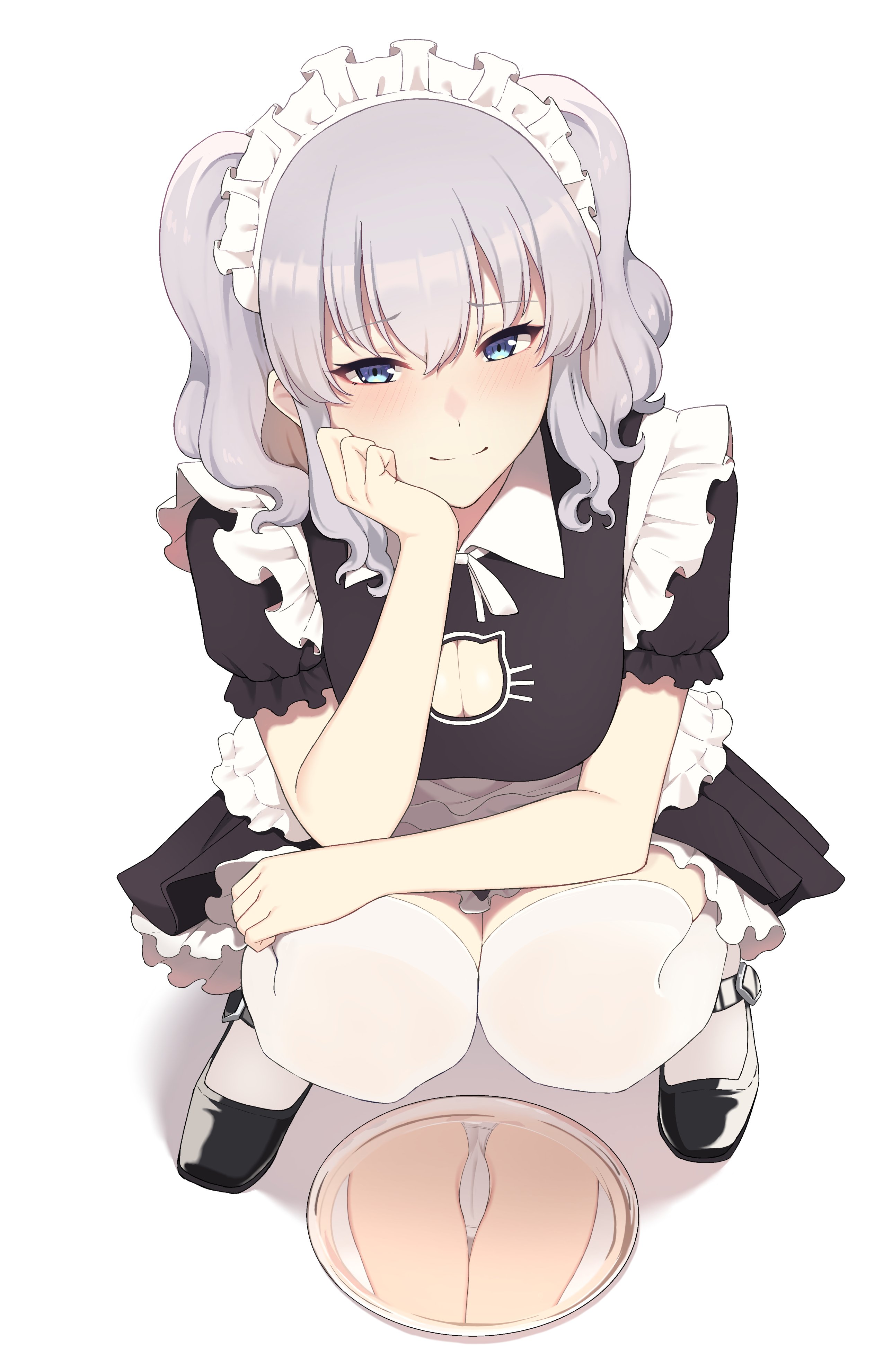 1girls, absurd res, absurdres, accidental exposure, apron, bangs, big breasts, black dress, black footwear, blouse, blue eyes, breasts, cameltoe, cat cutout, cleavage, cleavage cutout, clothing cutout, cute, dress, female, female only, frills, grey hair, hair between eyes, hi res, highres, kantai collection, kashima (kantai collection), knees together feet apart, lingerie, long hair, looking at viewer, maid, maid apron, maid headdress, maid uniform, medium breasts, medium hair, mirror, panties, pantyshot, puffy short sleeves, puffy sleeves, pussy, shirt, short sleeves, simple background, smile, solo, squatting, stockings, takaman (gaffe), thighhighs, thighs, tray, two side up, underwear, waist apron, white background, white legwear, white panties