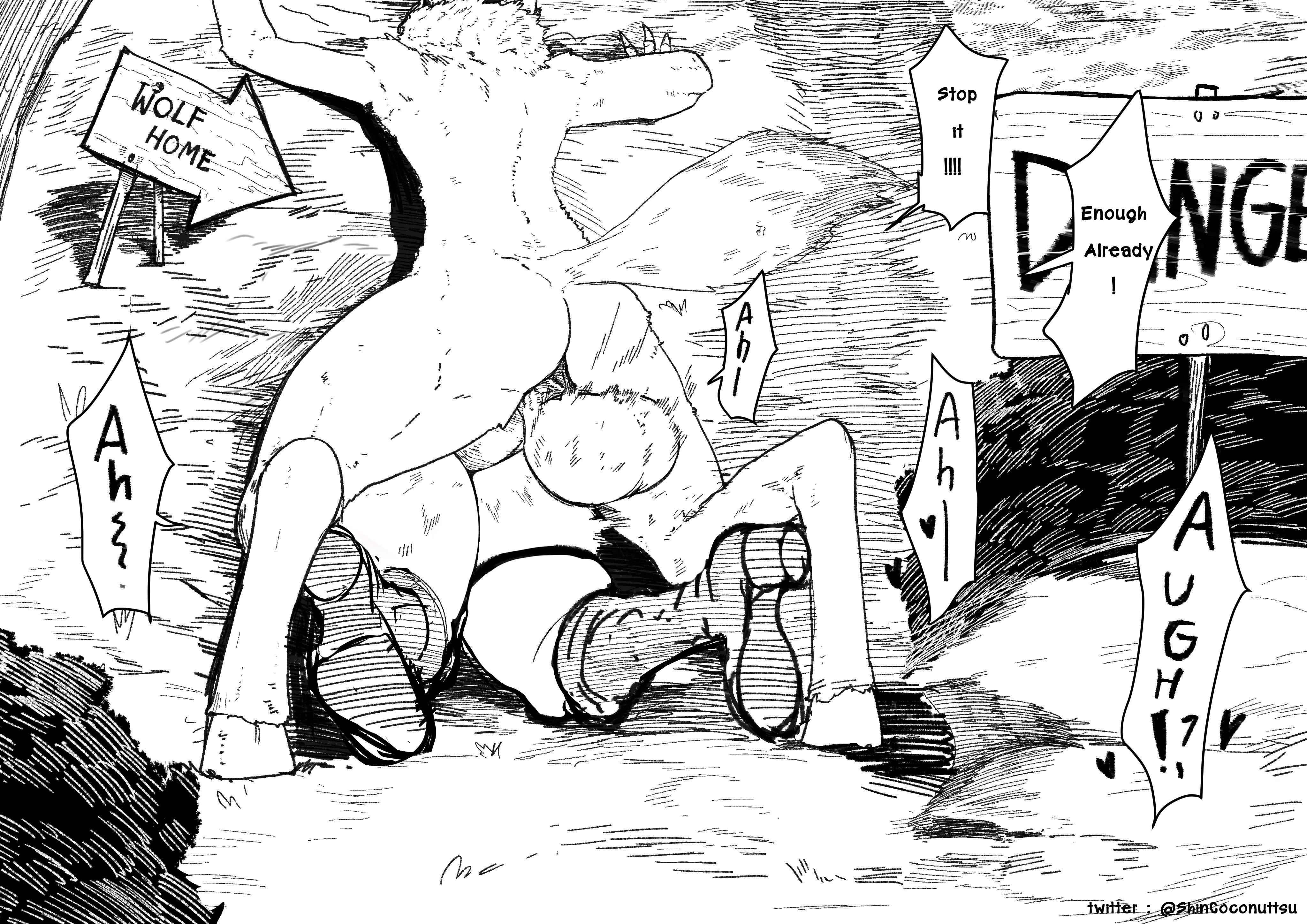 anthro penetrating, ass, big ass, bulge, bulge through clothing, feral, gay, green (artist), green (original), male, male focus, oc, original, original character, rape, red eyes, sex, sex from behind, stuck, stuck in wall, surprise buttsex, thick thighs, through wall, wide hips, wide thighs, witch hat, wolf