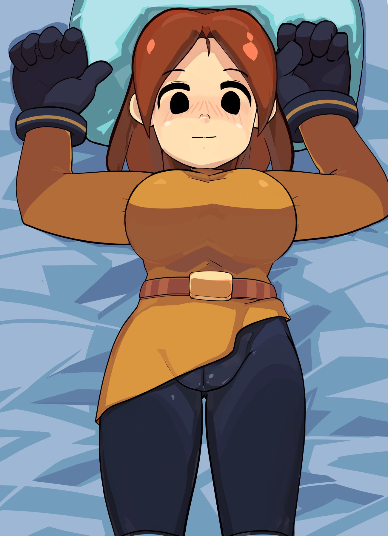 1girls arms_up belt belt_buckle black_legwear black_thighhighs blush brickshoes brown_hair cameltoe gloves head_on_pillow huge_breasts light_smile looking_down lying lying_on_back lying_on_bed medium_breasts mii mii_gunner mii_gunner_(smash_4) mob_face nintendo o_o on_bed orange_clothing parted_bangs pillow shiny_clothes smile solo super_smash_bros. super_smash_bros._for_nintendo_3ds_and_wii_u super_smash_bros._ultimate