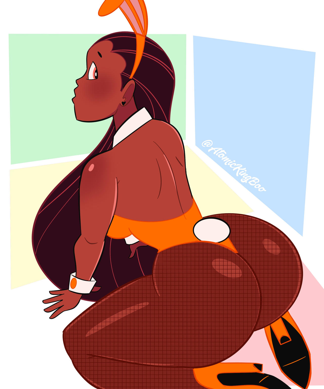 1girls, artist name, ass, atomickingboo, big ass, big breasts, breasts, brown-skinned female, bunny ears, bunny girl, bunnysuit, dark skin, dark-skinned female, fat ass, female, female focus, fishnets, high heels, hips, huge ass, large breasts, melanin, oc, original, original character, shaylynn summer, the besties (atomickingboo), thick, thick legs, thick thighs, voluptuous, wide hips