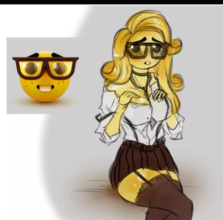 1girls 2d 5_fingers anthro artist_request big_breasts blonde_hair buckteeth choker emoji emoji_(race) female female_only freckles glasses gray_background grey_background meme mob_face mostly_clothed nerd_emoji nerd_emoji_girl nerdy_female shirt_down shirt_slip skirt source_request stockings thick_thighs unbuttoned unbuttoned_shirt yellow-skinned_female yellow_body yellow_skin