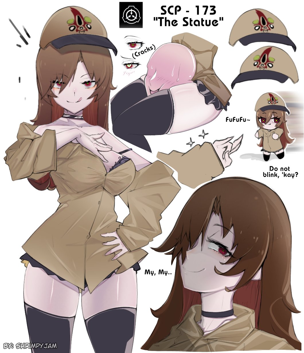 artist_request black_skirt bra brown_hair cap choker hand_on_breast hand_on_hip heart-shaped_pupils long_hair long_sleeves red_eyes rule_63 scp-173 scp_foundation shirt short_skirt tagme thick_thighs thigh_crush thighhighs tongue_out unbuttoned_shirt wide_hips