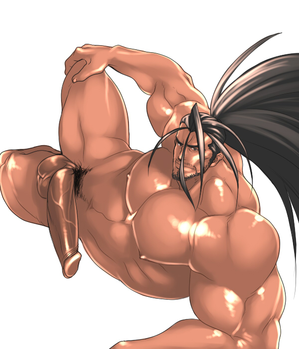 abs biceps big_penis brown_hair completely_nude erection facial_hair haohmaru happy_trail looking_at_viewer male_only muscular muscular_male nipples nude pecs ponytail pubes rabbit_(artist) rabbit_(pixiv744412) samurai_shodown solo solo_male tagme tied_hair white_background yaoi