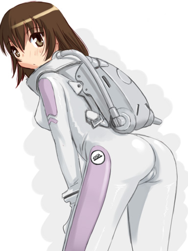 backpack bag bodysuit cameltoe katatsuka_kouji morita_yukari randoseru rocket_girls skin_tight spacesuit yukari_morita