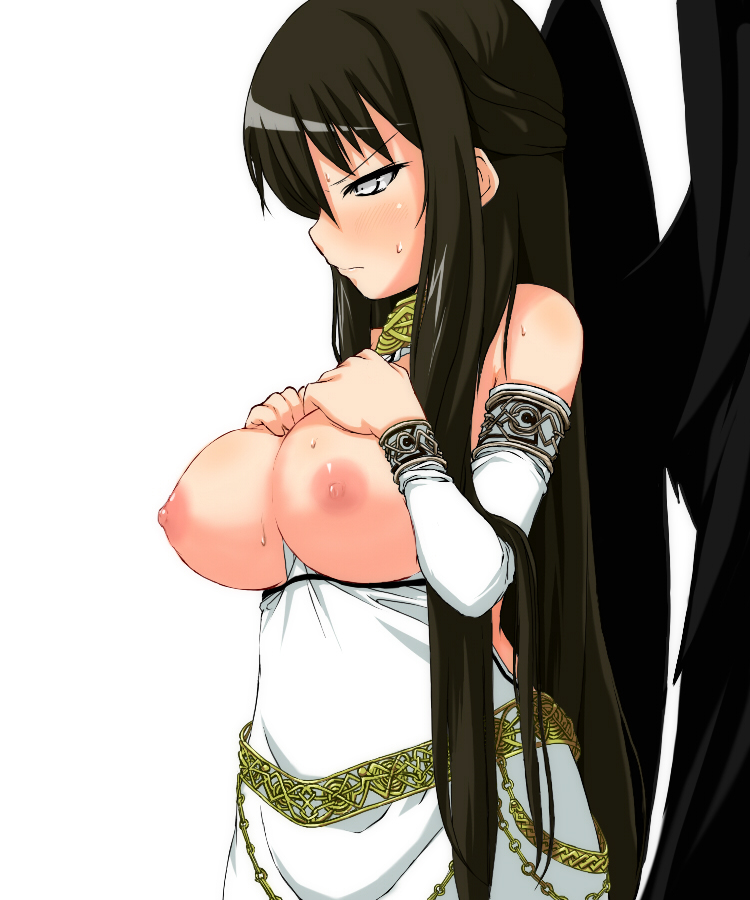 angel annoyed_expression big_breasts breasts_out brown_hair female mabinogi morrighan solo_female tagme white_eyes wings