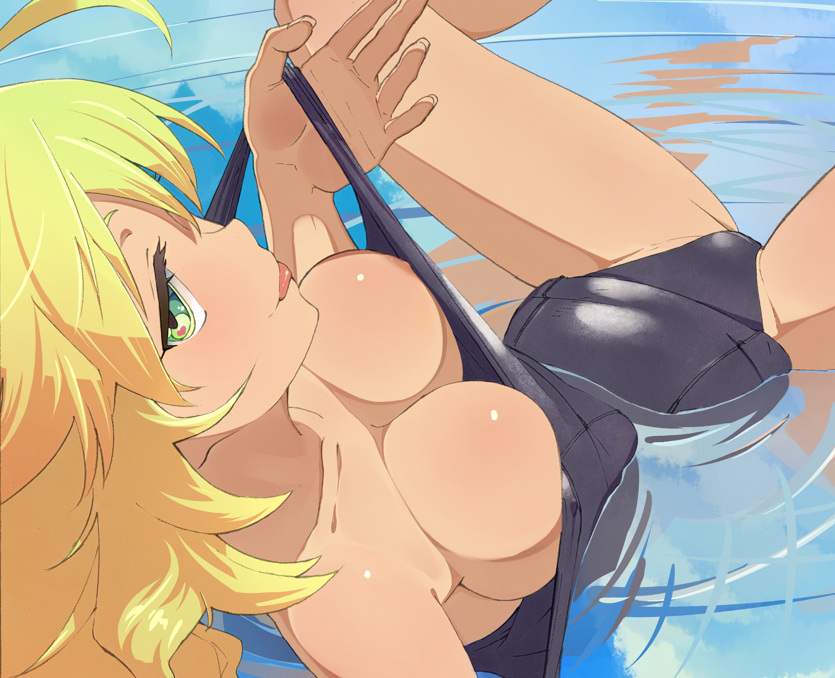 ahoge, areolae, arm support, bare shoulders, blonde hair, blush, breasts, cleavage, down blouse, female, from above, green eyes, highres, hoshii miki, idolmaster, long hair, nipple slip, nipples, on back, one-piece swimsuit, school swimsuit, shinjiro, smile, solo, strap pull, swimsuit, tongue, water, wet
