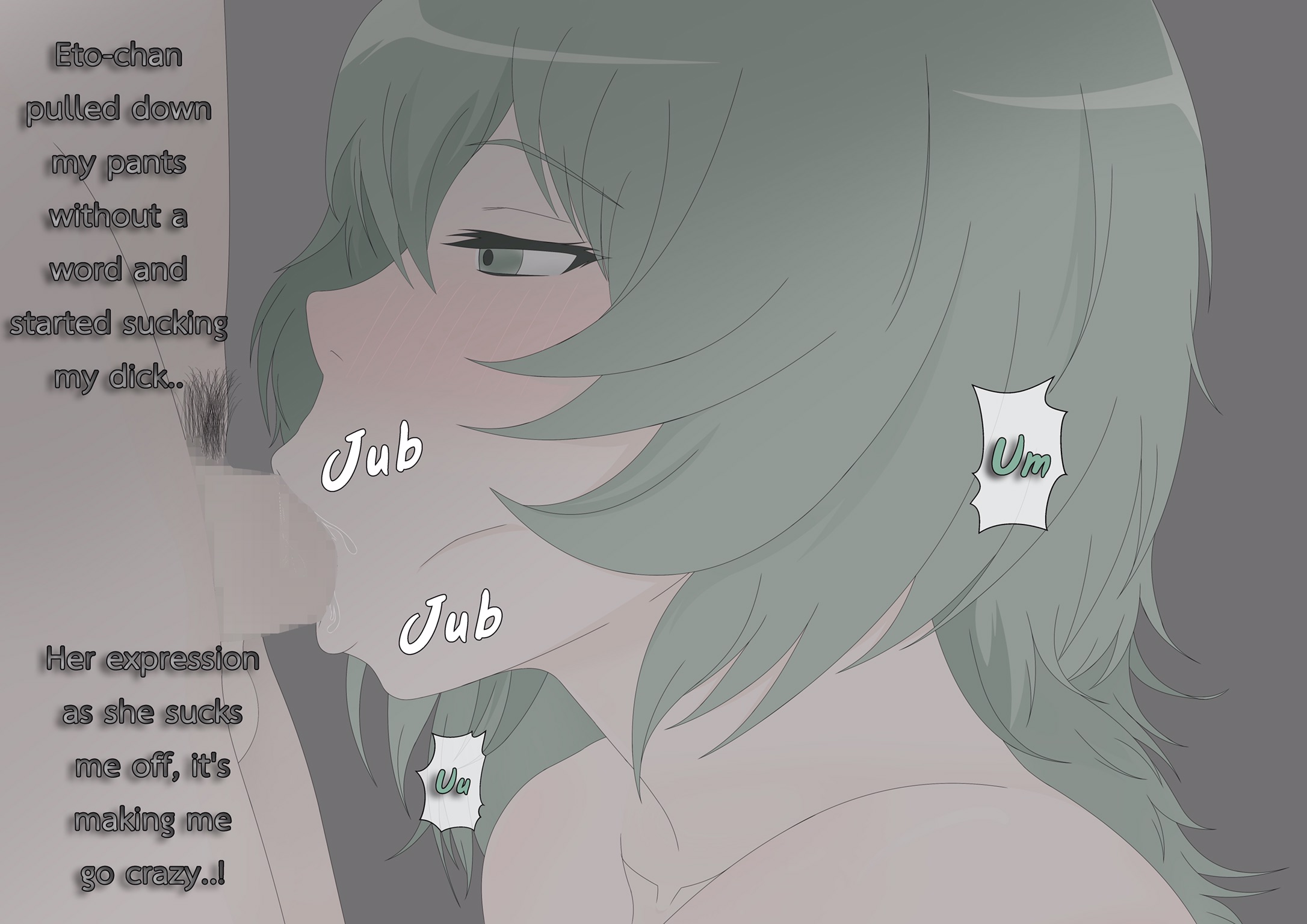 blowjob, censored, deepthroat, english text, fellatio, female, green eyes, green hair, mosaic censoring, oral, tokyo ghoul, yoshimura eto