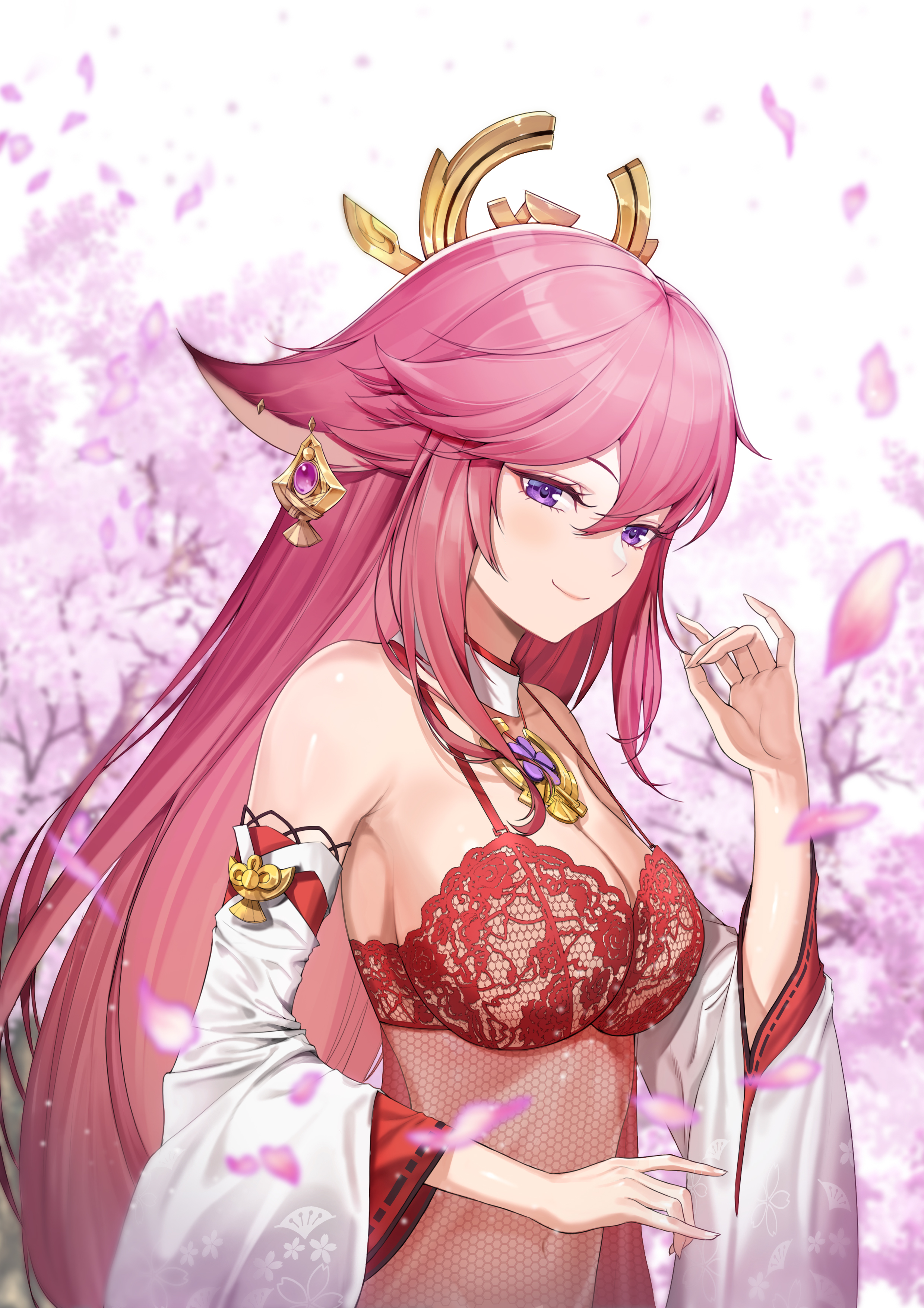 absurd res, artist request, bra, dress, female, genshin impact, jewelry, lace, lace trim, long hair, pink hair, purple eyes, smile, yae miko