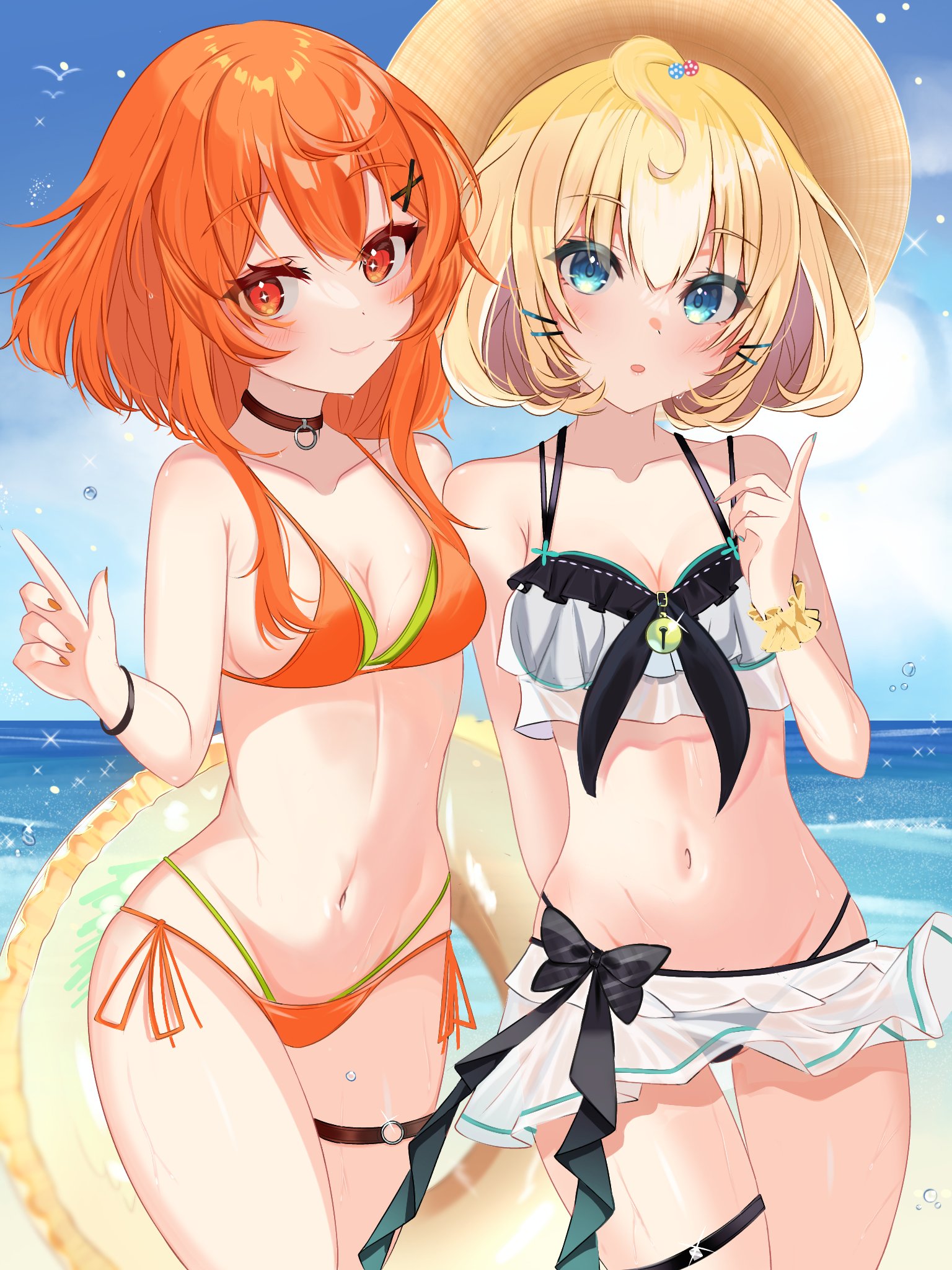 2girls, ahoge, beach, belly button, bikini, bikini under clothes, black bikini, blonde hair, blue eyes, breasts, choker, cleavage, duo, duo focus, eyebrows visible through hair, eyelashes, female, female focus, female only, hat, indie virtual youtuber, kaheru, light skin, light-skinned female, looking at viewer, medium breasts, midriff, millie parfait, navel, nijisanji, nijisanji en, orange bikini, orange eyes, orange hair, outdoors, sfw, short hair, standing, straw hat, string bikini, swim ring, swimsuit, swimwear, thighs, virtual youtuber, water, wet, x hair ornament