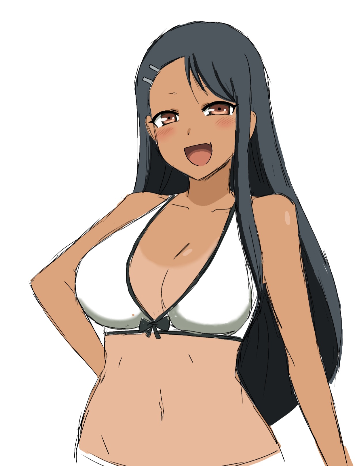 1girls, artist request, bikini, black hair, blush, brown eyes, clothed, clothing, female, female focus, female only, hayase nagatoro, long hair, looking at viewer, navel, open mouth, please don't bully me, nagatoro, revealing clothes, simple background, solo, solo female, tan, tan body, tanline, tanned, tanned female, tanned skin, white background