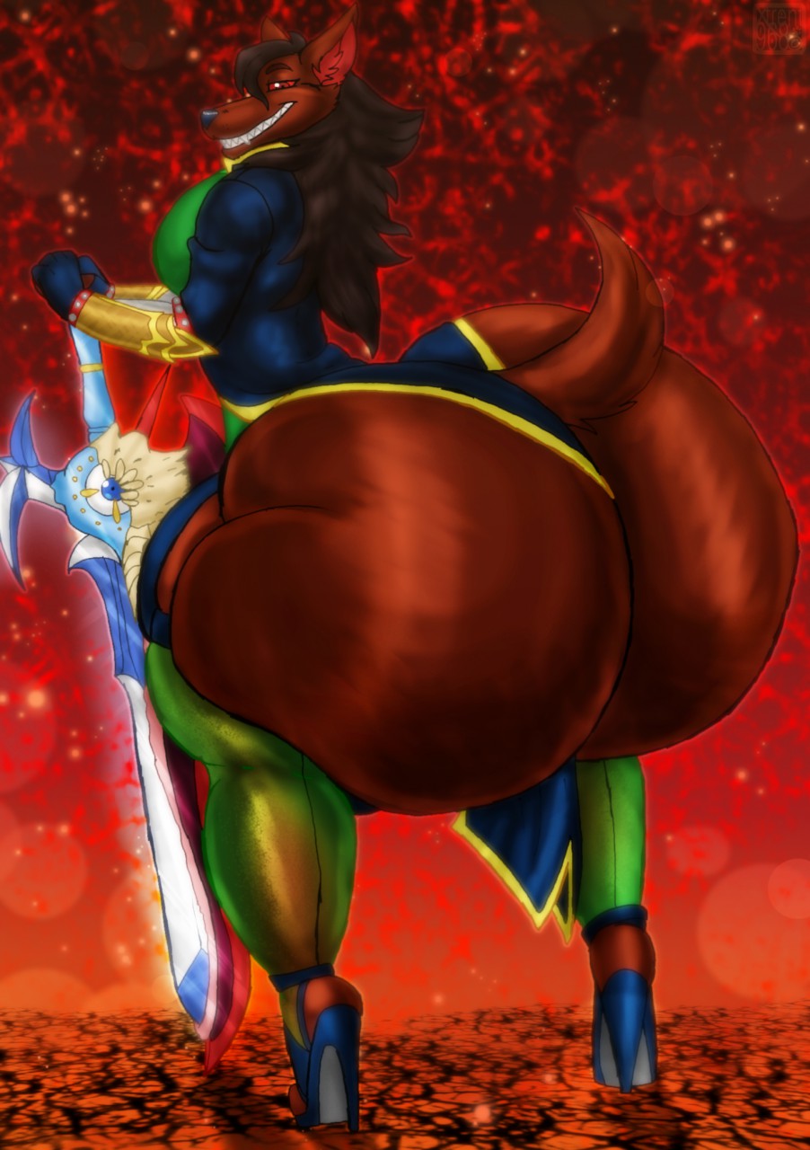 1boy 1male anthro anthro_only ass big_ass big_butt black_hair bottom_heavy brown_fur color colored femboy form_fitting gauntlets gay girly gloves green_stockings high_heels holding_weapon huge_ass huge_butt hyper hyper_ass hyper_butt large_ass large_butt looking_at_viewer looking_back lupine male male_focus male_only original original_character partially_clothed red_eyes smile smiling solo solo_focus solo_male sword thick_thighs thighs wolf xtrent968