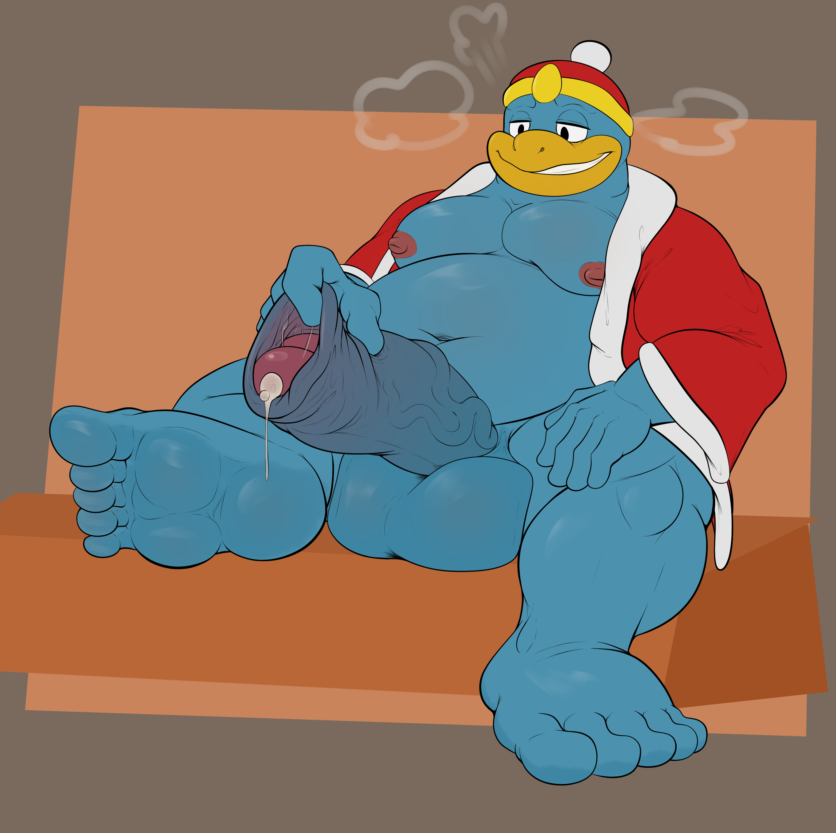 1boy, anthro, balls, ballsack, big balls, big penis, bird, blue skin, boner, erection, feet, foot fetish, foreskin, foreskin pull, gay, humanoid penis, king dedede, kirby (series), long foreskin, loose foreskin, male, male nipples, male only, mostly nude, mostly nude male, nipples, open robe, overweight, penguin, penis, precum, precum drip, rokie38, scrotum, smooth skin, smooth skinned male, solo, spread legs, testicles, uncircumcised, uncut, unretracted foreskin, veiny penis