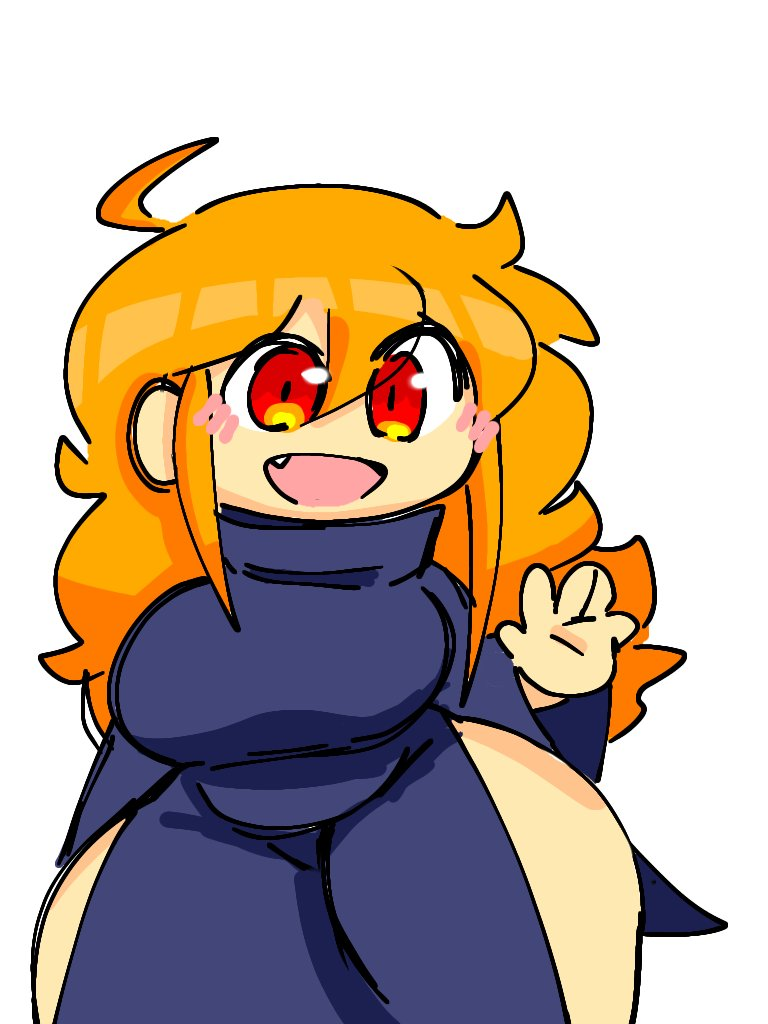 1girls ass_visible_through_thighs black_robe exposed_thighs female greeting happy mochikirb oc orange_hair original_character red_eyes rosy_cheeks shortstack smiling smiling_at_viewer solo thick_ass thick_thighs toh_(mochikirb) wave