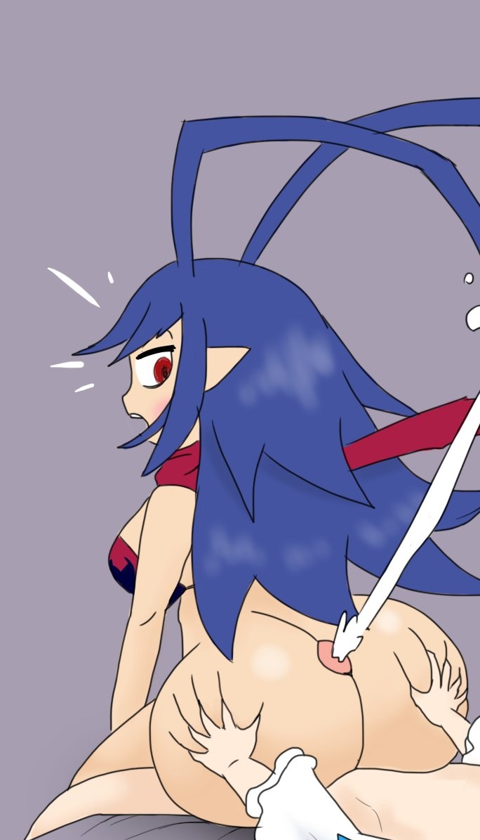 1boy 1girls ass ass_grab assjob big_ass big_breasts big_butt blue_hair blush buttjob covered_buttjob cum cumming_from_buttjob cumshot disgaea disgaea_d2 ejaculation elf_ears female godalmite hands_on_ass huge_ass huge_butt laharl laharl-chan long_hair looking_back male male/female nippon_ichi_software penis pointy_ears red_eyes shocked shocked_expression sicily source_request tagme