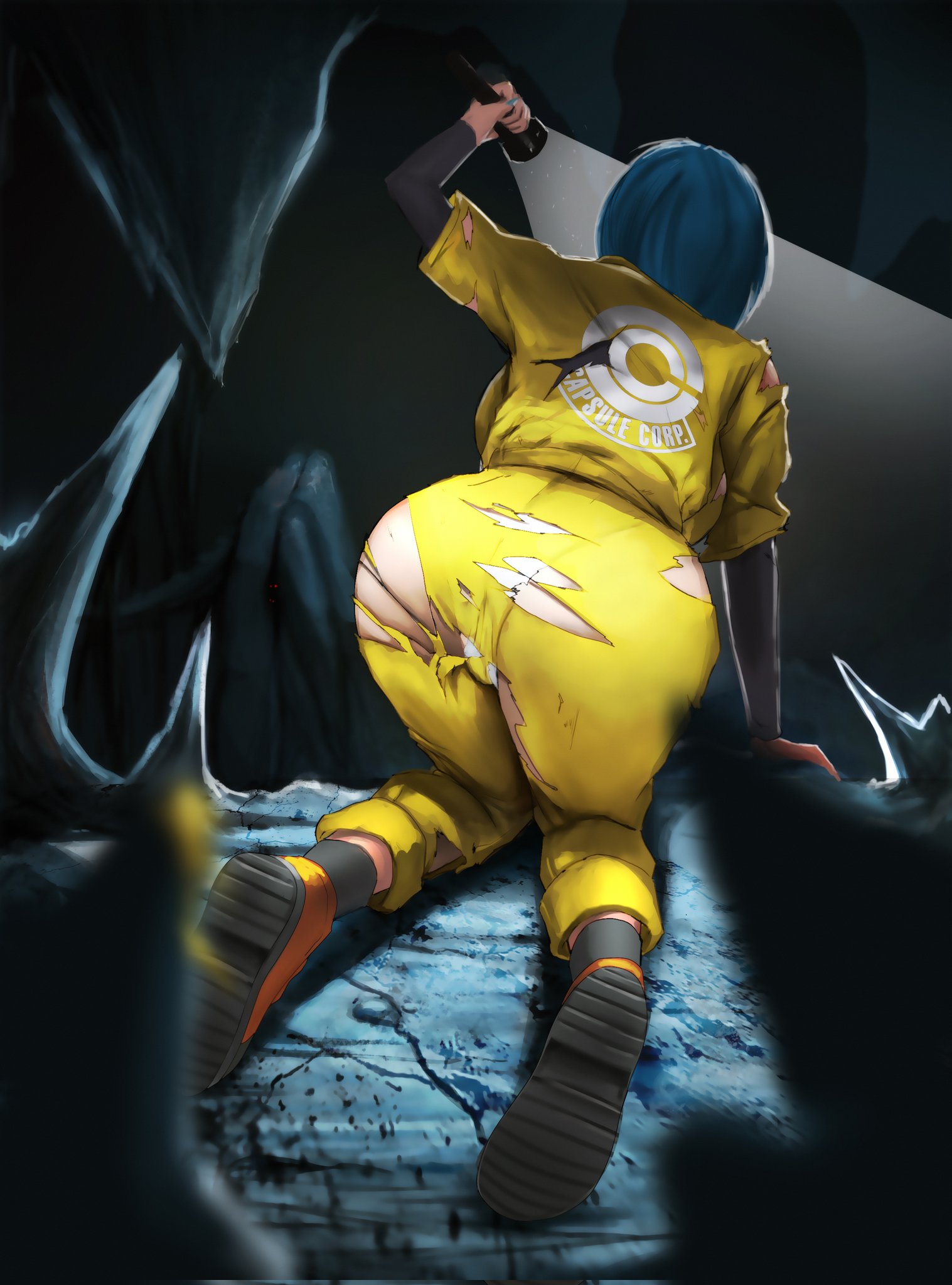 1girls, all fours, ass, blue hair, bulma briefs, bulma briefs (dragon ball super superhero), dragon ball, dragon ball super, dragon ball super super hero, elitenappa, female, female only, flashlight, hi res, mature female, milf, panties, shounen jump, solo, torn clothes, torn clothing