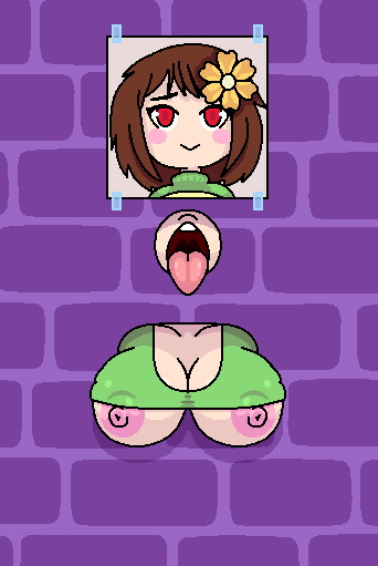 breasts brown_hair chara clothing fapwall flower flower_in_hair glory_hole open_mouth red_eyes shy_jaz t-shirt through_wall underboob undertale undertale_(series)