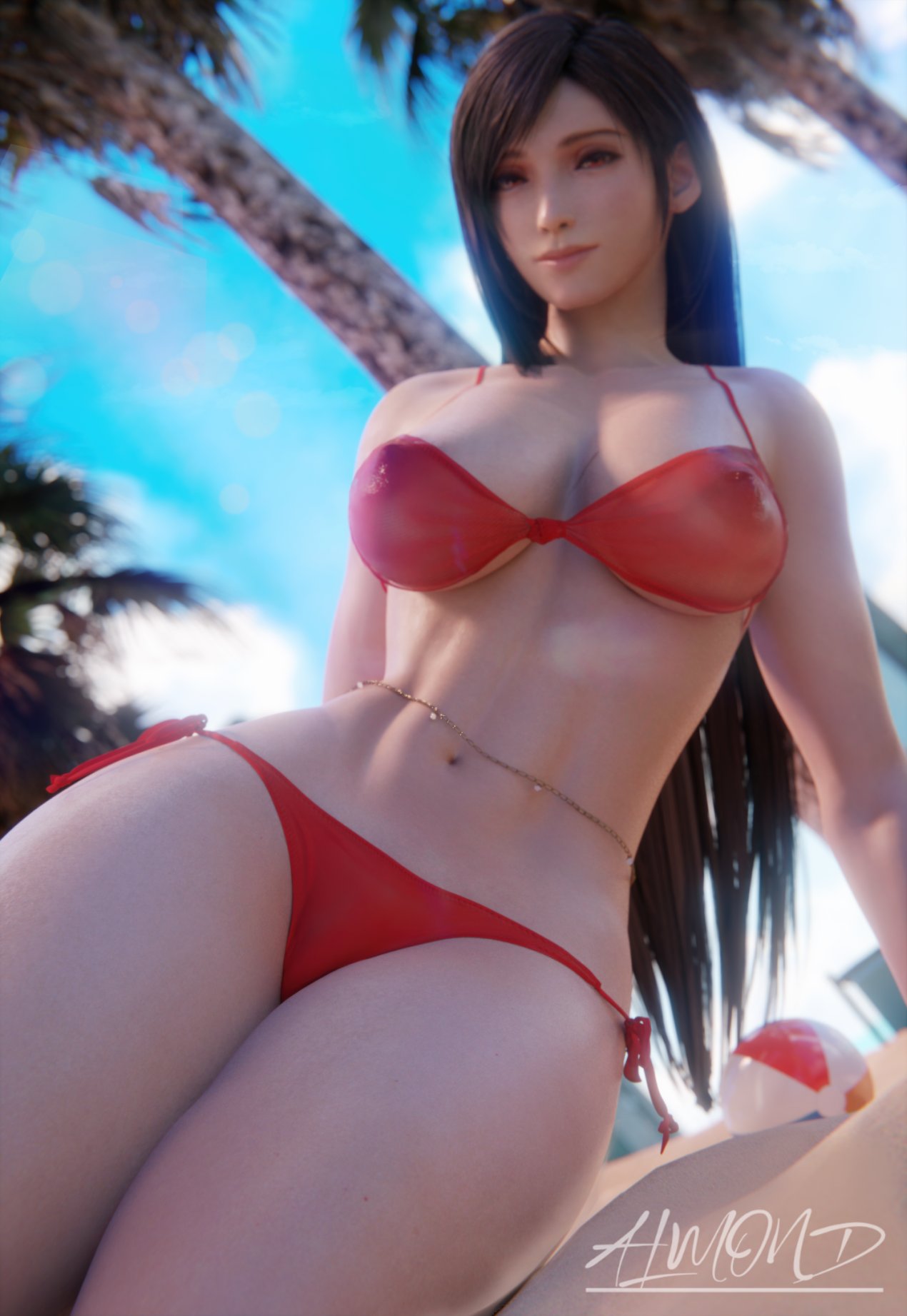 1girls 3d abs almondsfm beach big_breasts bikini black_hair fat_ass female female_only final_fantasy final_fantasy_vii final_fantasy_vii_remake long_hair red_bikini red_eyes solo swimsuit thick_thighs tifa_lockhart volleyball wide_hips