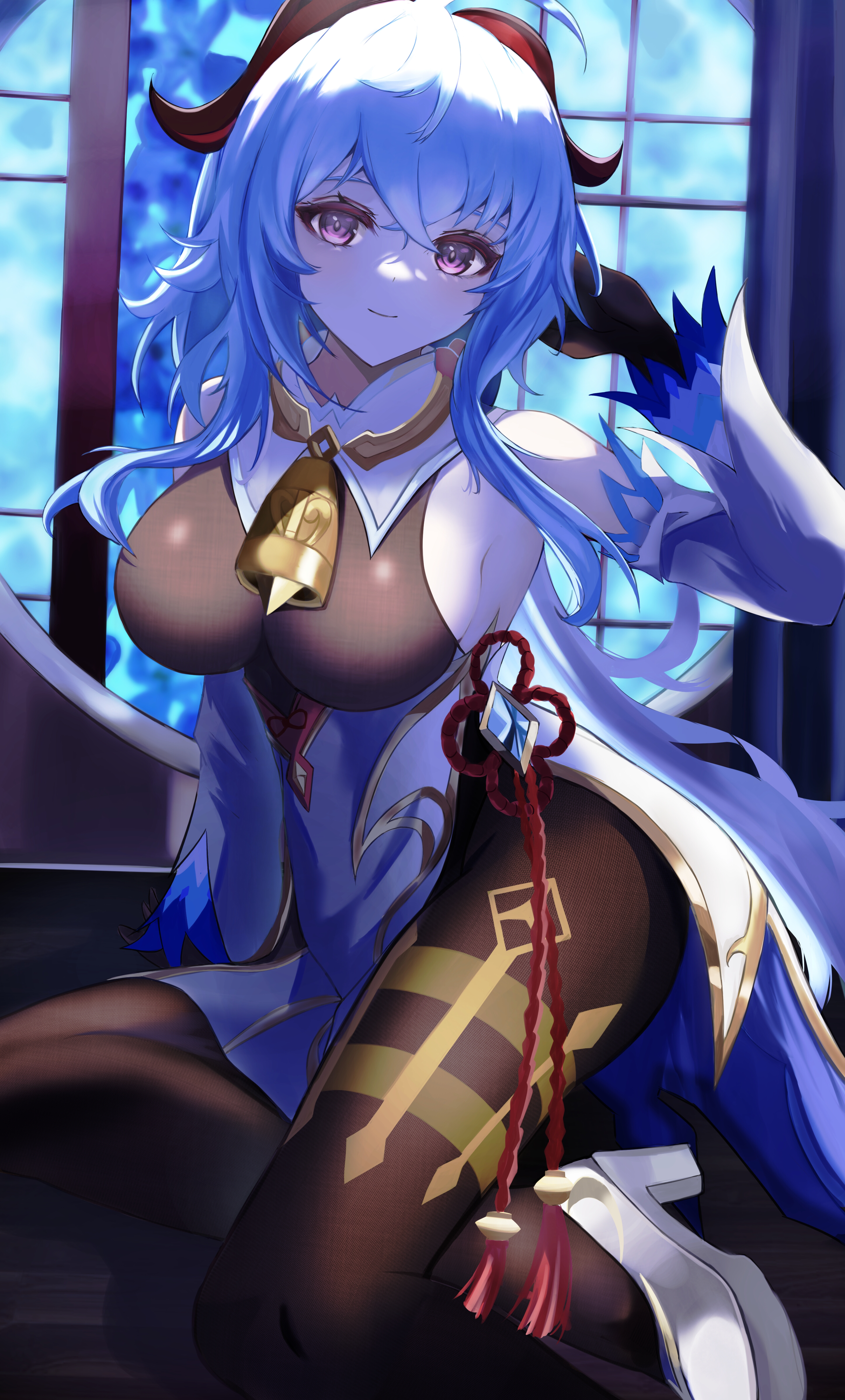 blue hair, dress, female, ganyu (genshin impact), genshin impact, long hair, purple eyes, smile