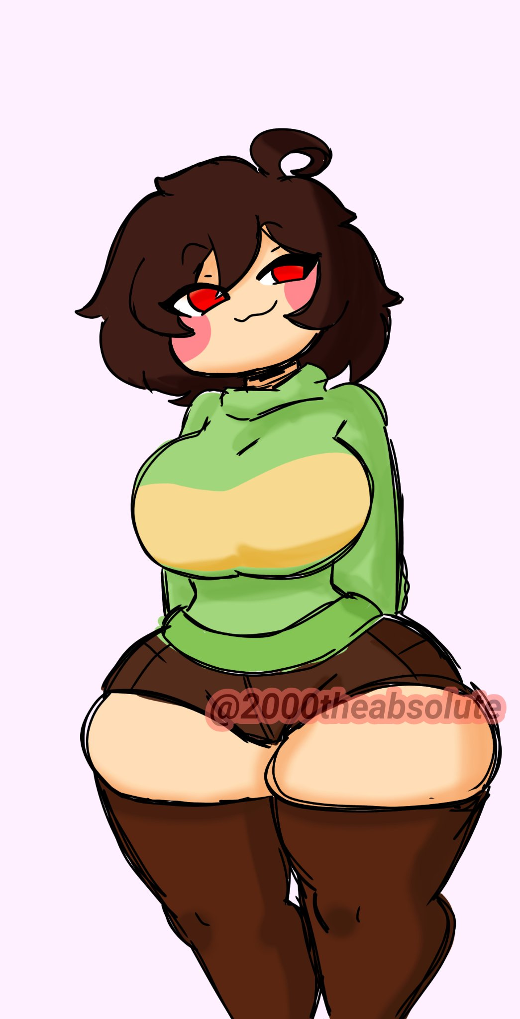 1girls 2d :3 brown_hair chara chara_(mochikirb_style) female female_only green_shirt mochikirb shortstack slim_waist smug solo tagme the_absolute thick_ass thick_thighs thighhighs undertale undertale_(series) voluptuous watermark