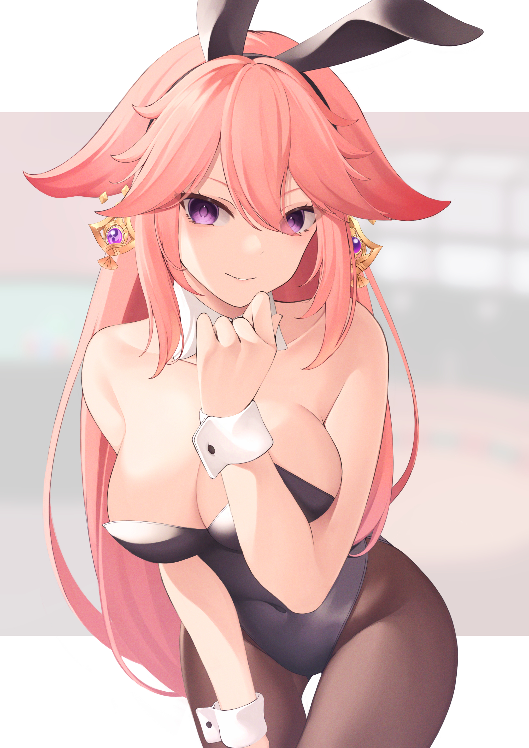 artist request, bunnysuit, female, genshin impact, long hair, pink hair, purple eyes, smile, yae miko