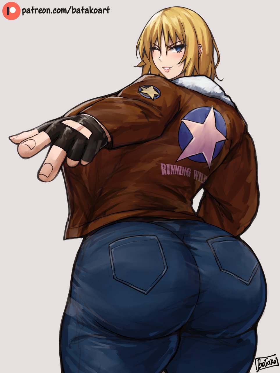 2022, artist signature, ass, batako, big ass, big breasts, blonde hair, blue eyes, breasts, bubble ass, bubble butt, coat, fatal fury, female, female terry, fingerless gloves, garou: mark of the wolves, genderswap, hi res, highres, huge ass, jeans, king of fighters, light skin, light-skinned female, rule 63, snk, tagme, terry bogard, winking at viewer