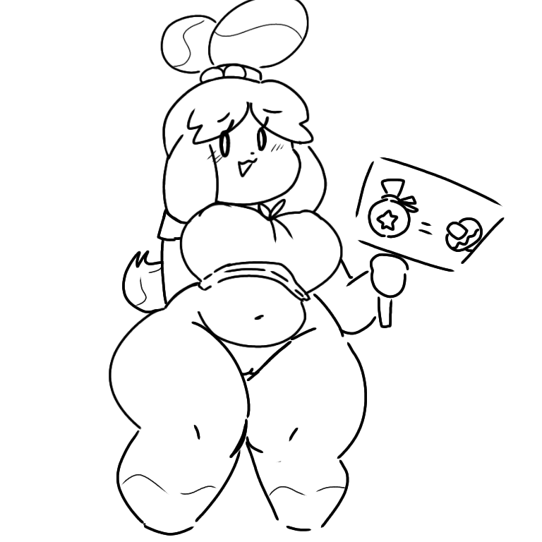 1girls 2022 animal_crossing anthro anthrofied canine crop_top female hair_ornament holding_object isabelle_(animal_crossing) mob_face mochikirb nintendo pussy shortstack sign solo teapot_(body_type) thick_thighs voluptuous