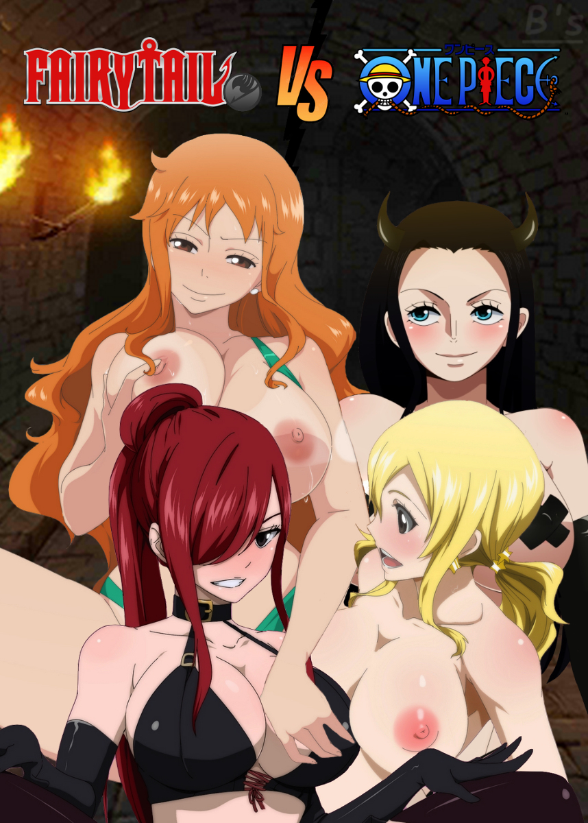4girls, areola, areolae, big breasts, black eyes, black gloves, black hair, black legwear, black-haired female, blonde hair, blonde-haired female, blue eyes, blush, breasts, brown eyes, crossover, dominatrix, elbow gloves, erect nipples, erza scarlet, fairy tail, female, female only, hair over one eye, latex, latex gloves, latex legwear, legwear, long gloves, long hair, lucy heartfilia, multiple females, multiple girls, nami (one piece), nico robin, nipples, one piece, orange hair, orange-haired female, ponytail, red hair, red-haired female, yuri