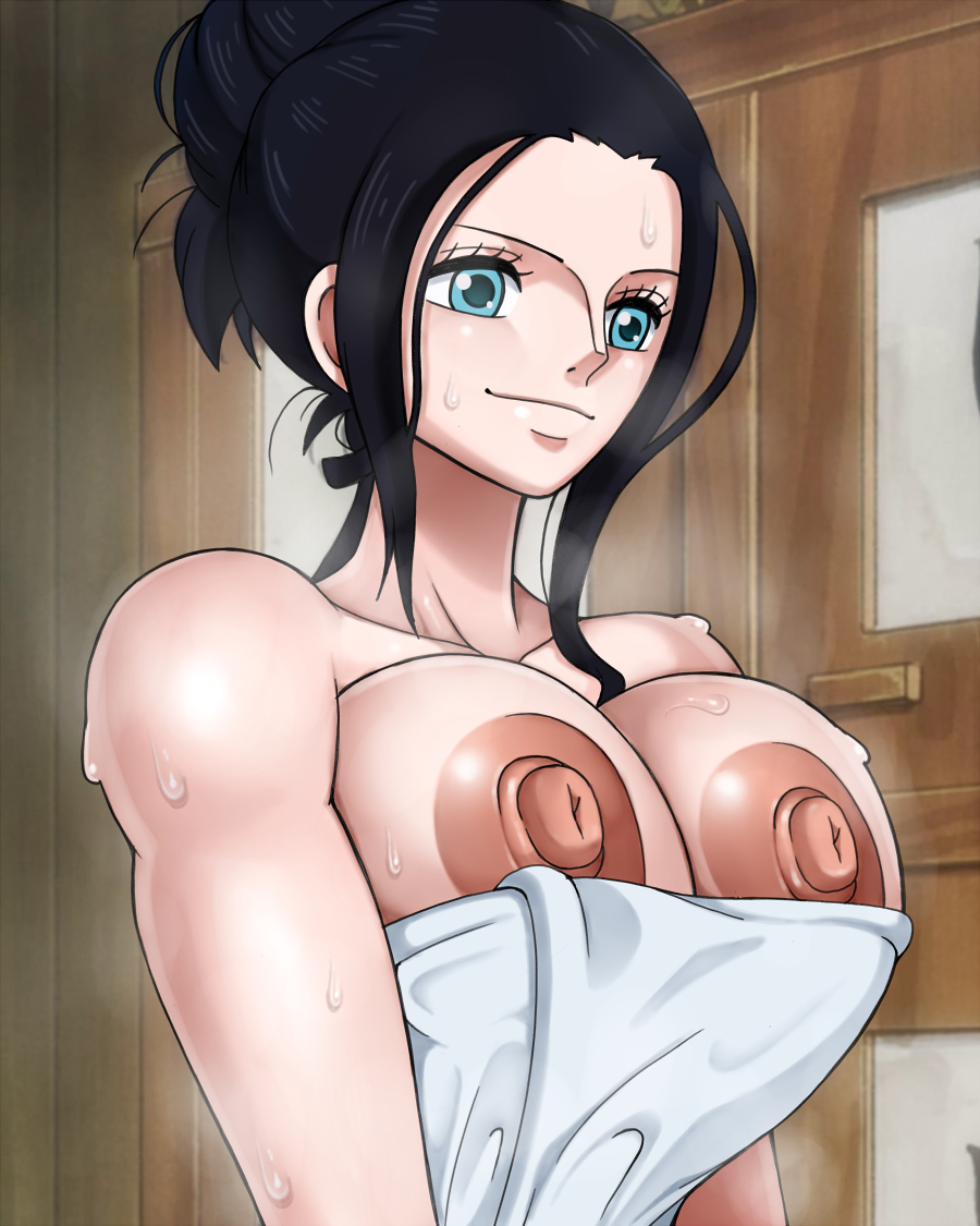 1girls, artist request, bathhouse, big breasts, black hair, black-haired female, breasts, edit, female, female only, nico robin, one piece, onsen, solo female, towel, towel only