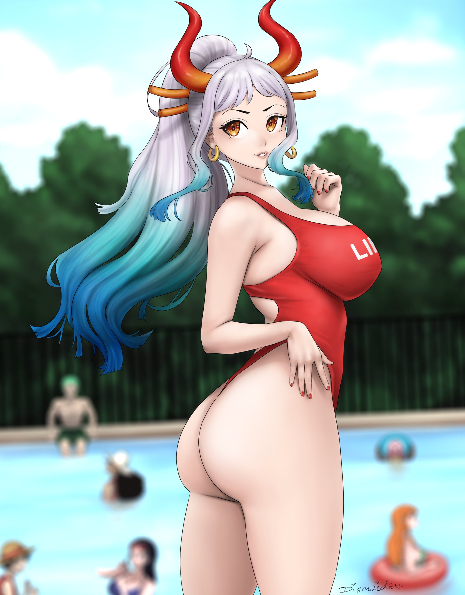 1girls, 3girls, 5boys, artist signature, ass, bangs, big ass, big breasts, blue highlights, breasts, dismaiden, earrings, female, female focus, hair ornament, horn, horns, large breasts, lifeguard, lifeguard swimsuit, looking back, male, medium hair, monkey d luffy, nami (one piece), nico robin, one piece, one-piece swimsuit, pinup, ponytail, pose, posing, post-timeskip, red nail polish, roronoa zoro, sideboob, solo focus, swimming pool, swimsuit, thick ass, thick thighs, tied hair, tony tony chopper, two-tone hair, usopp, white hair, white-haired female, yamato (one piece), yellow eyes
