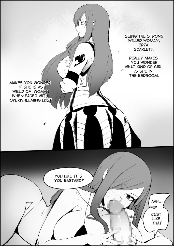 armor, ass, big ass, big breasts, blowjob, breasts, censored, english text, erza scarlet, fairy tail, fellatio, female, greyscale, kisou, monochrome, tattoo, text