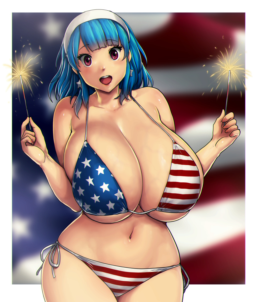 american_flag american_flag_bikini cleavage curvy erkaz_(artist) erkazooya errorkazoo female oc original original_character rina_atherina rina_atherina_(errorkazoo) short_hair smiling thick_thighs underboob veiny_breasts