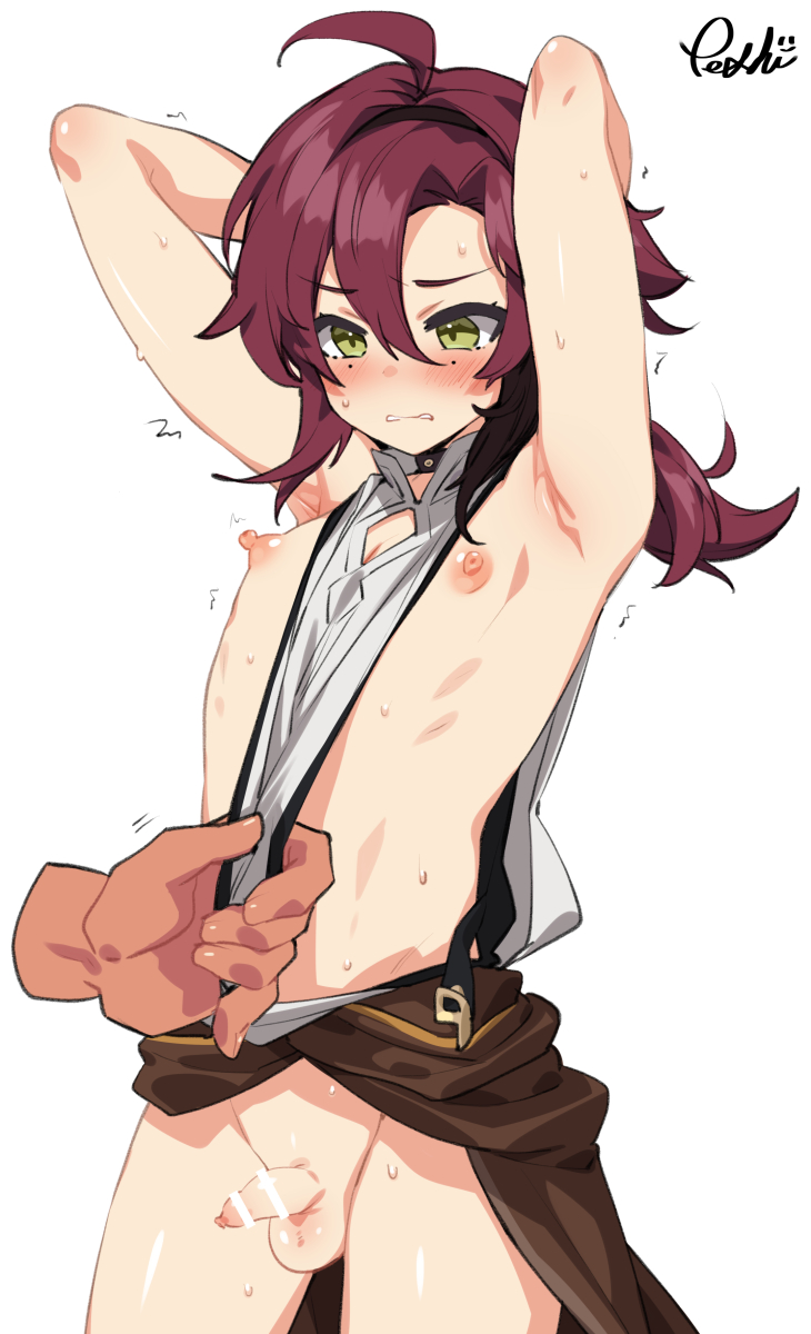 armpits arms_up censored gay genshin_impact male male_only peshita red_hair shikanoin_heizou small_penis yaoi