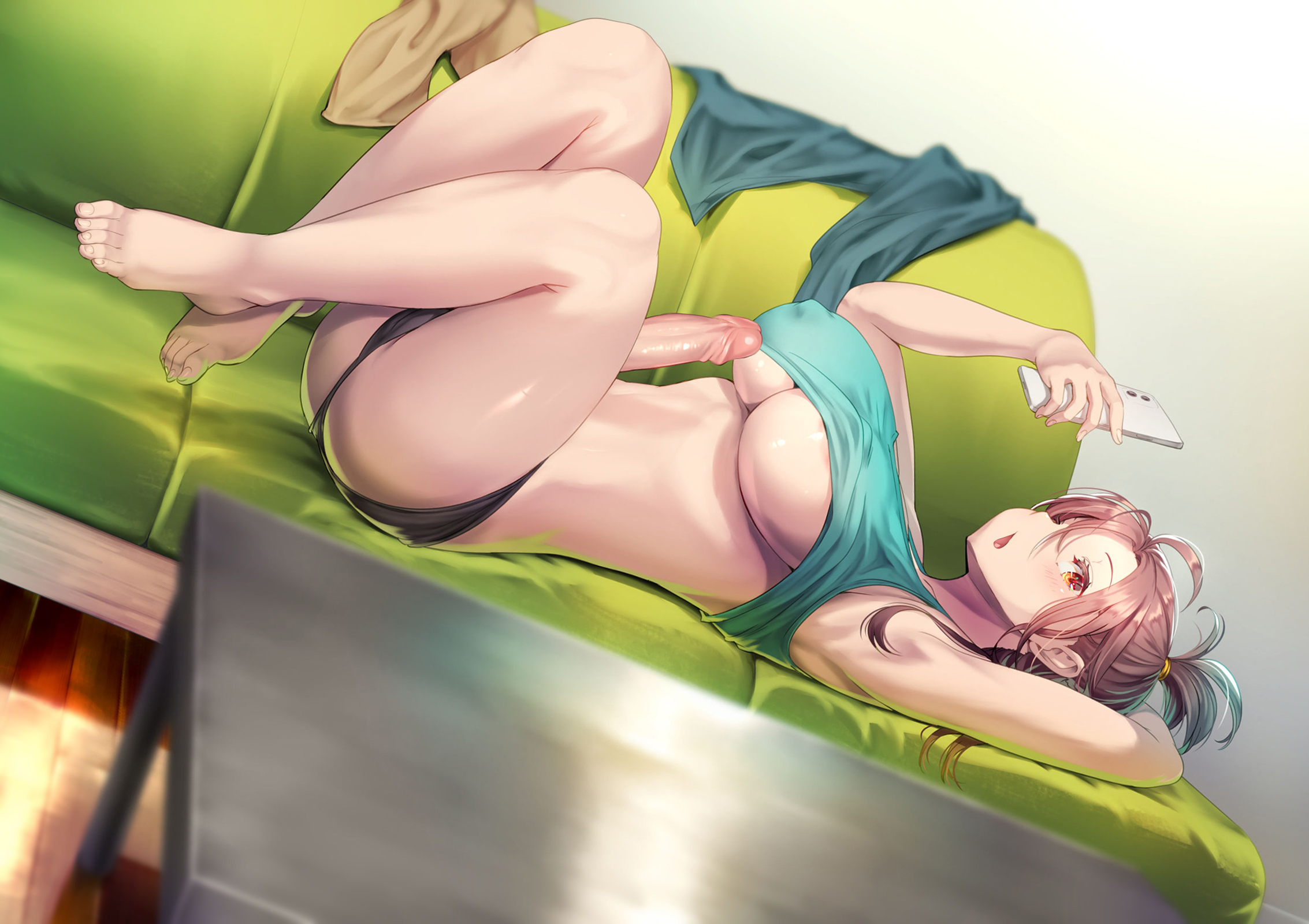 1futa, areolae peeking, ass, ayanakitori, barefoot, big breasts, big penis, bra pull, breasts, brown hair, clothed, clothes removed, clothing, couch, decensored, erection, futa only, futa sans balls, futanari, human, intersex, light skin, light-skinned futa, looking at viewer, lounging, mostly nude, on back, orange eyes, penis, short hair, smartphone, solo, uncensored, underboob, underwear only
