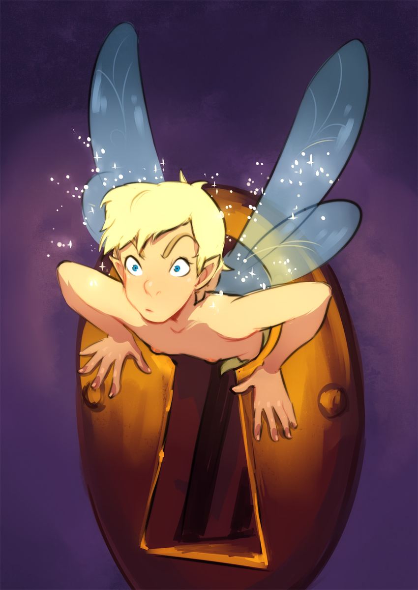 1boy blonde_hair blue_eyes celtic_mythology disney disney_fairies european_mythology fairy_wings fairybend femboy glowing glowing_body glowing_hair glowing_skin hair_bun keyhole light-skinned_male literature male_only monster mythology nipples pale-skinned_male peter_pan_(disney) pixie pointy_ears public_domain ripushko rule_63 shocked small smaller_male solo solo_focus solo_male stuck supernatural tinker_bell twink twinker_bell