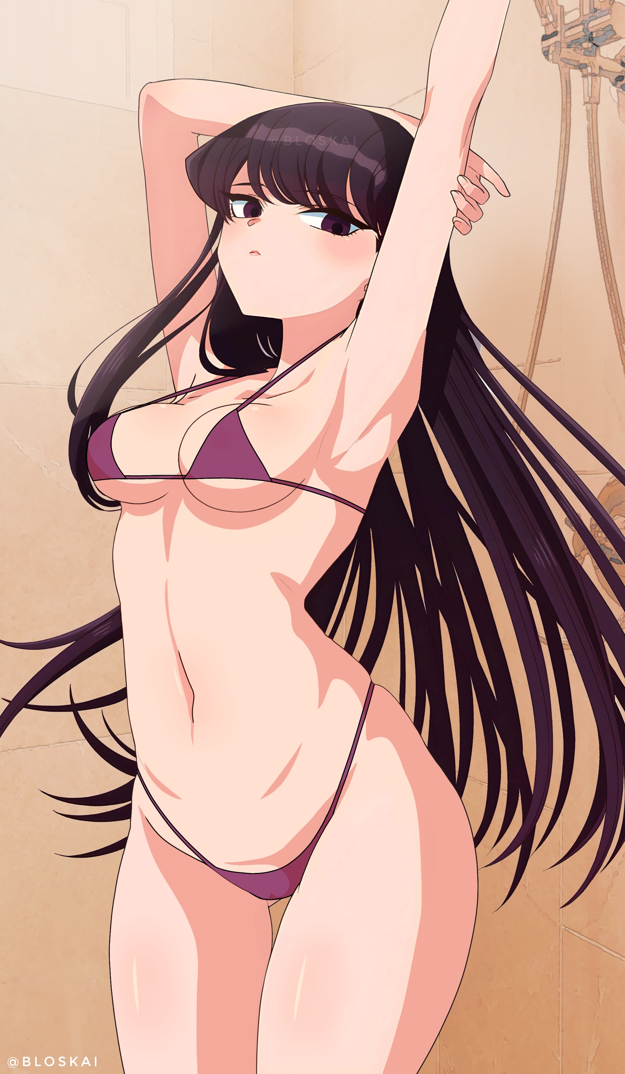 bathroom, bikini, black bikini, bloskai, edit, female, komi shouko, komi-san wa komyushou desu, swimsuit, swimwear
