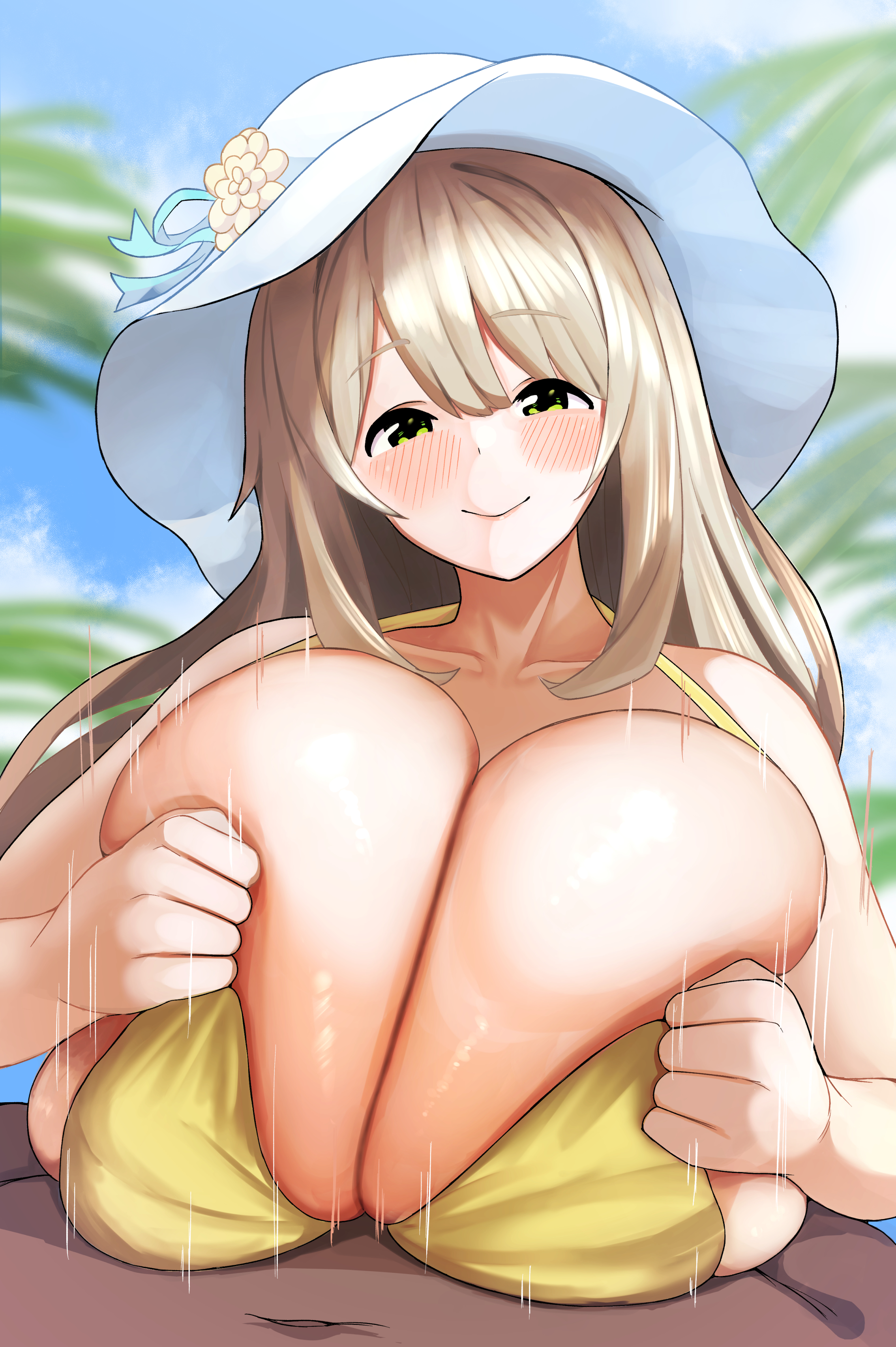 1boy, 1girls, alternate version available, bikini, blonde hair, blue archive, blush, breast hold, breasts, bursting breasts, cleavage, dark skin, dark-skinned male, engulfing paizuri, female, hat, hi res, huge breasts, interracial, light skin, light-skinned female, long hair, male, nonomi (blue archive), nonomi (swimsuit) (blue archive), paizuri, paizuri under clothes, papipukepopo, pov, smile, swimsuit paizuri, swimzuri