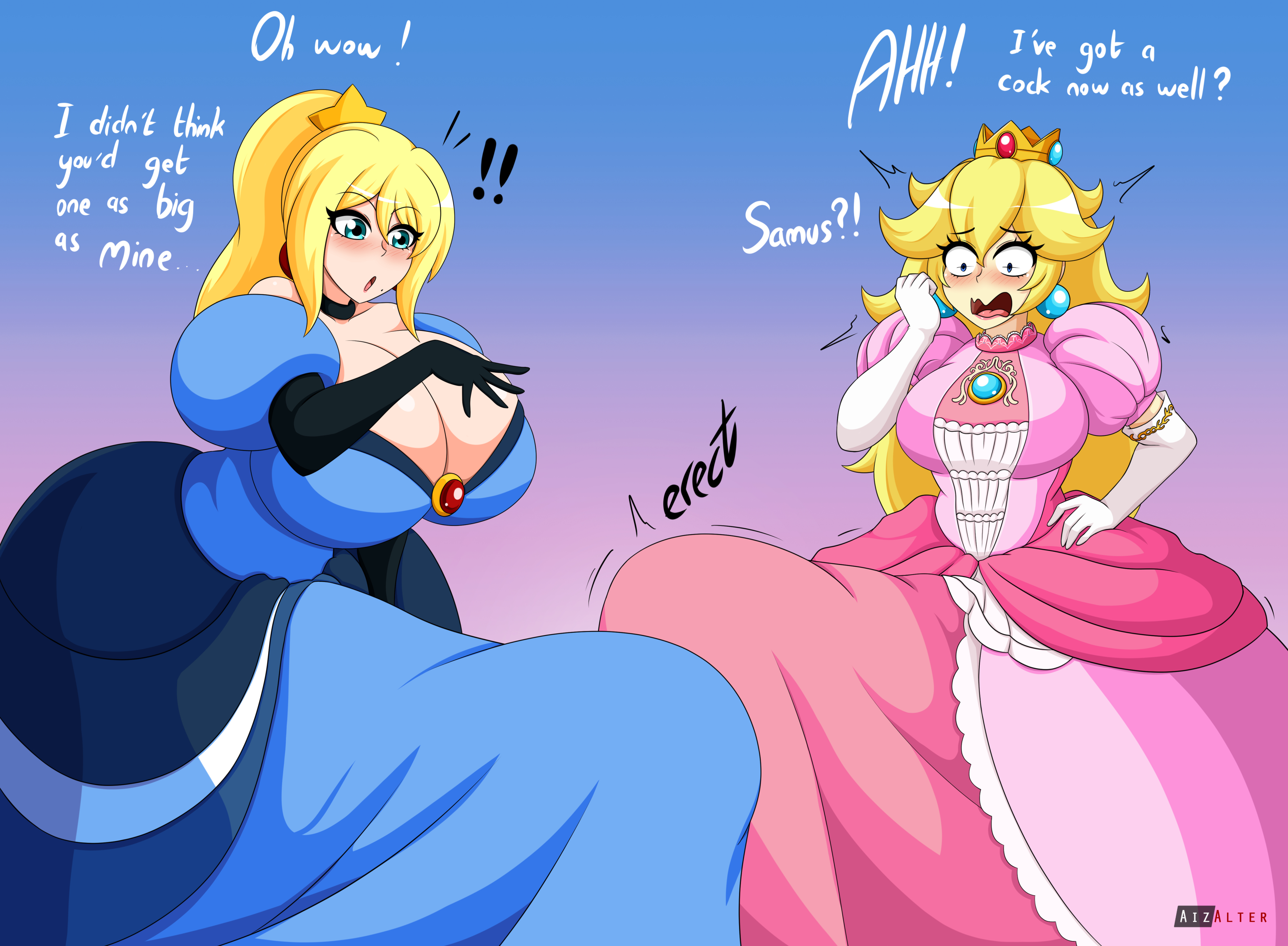 !!, 2futas, aizalter, big breasts, big penis, breasts, breasts bigger than head, bulge, clothed, clothing, dialogue, duo, english text, erect penis, erection, fully clothed, futa only, futa transformation, futanari, genital growth, getting erect, huge breasts, huge bulge, huge cock, human, hyper, hyper penis, intersex, light skin, light-skinned futa, mario (series), metroid, penis, penis growth, penis under clothes, penis under skirt, princess peach, princess samus, samus aran, standing, tenting, text, transformation, wide hips