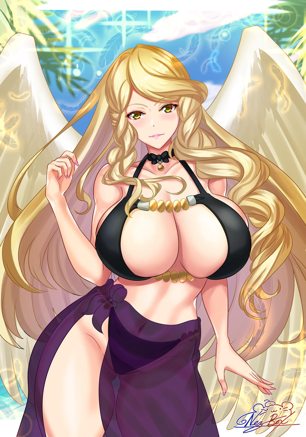 1girls alternate_costume angel angel_wings ass_visible_through_thighs bare_shoulders bikini black_bikini black_swimsuit blonde_hair blush breasts cleavage collar commission female female_only fire_emblem fire_emblem:_radiant_dawn huge_breasts leanne_(fire_emblem) lipstick long_hair looking_at_viewer navel nez-box nintendo pink_lips pink_lipstick sarong see-through solo yellow_eyes