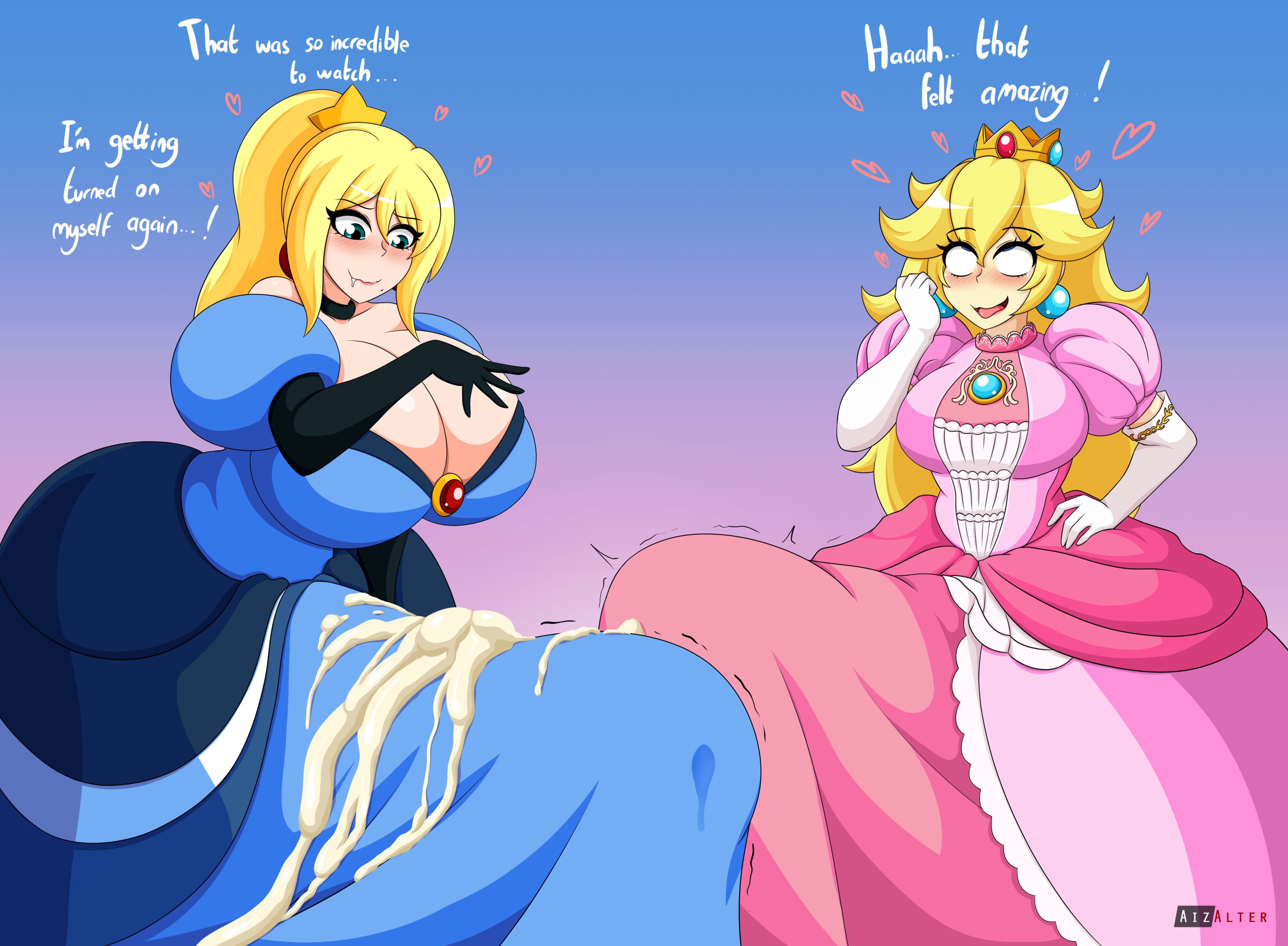 2futas, after orgasm, aizalter, big breasts, big penis, breasts, breasts bigger than head, bulge, clothed, clothing, cum, dialogue, duo, english text, erect penis, erection, fully clothed, futa only, futanari, huge breasts, huge bulge, huge cock, human, hyper, hyper penis, intersex, light skin, light-skinned futa, mario (series), metroid, penis, penis under clothes, penis under skirt, precum, princess peach, princess samus, samus aran, standing, tenting, text, wide hips