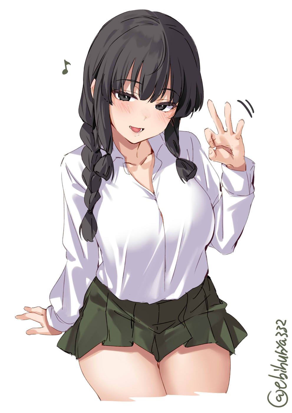 1girls, bangs, bare legs, black hair, blunt bangs, blush, braid, breasts, brown eyes, collarbone, collared shirt, cropped legs, ebifurya, fellatio gesture, female, female only, green skirt, hair over shoulder, highres, kantai collection, kitakami (kantai collection), long hair, looking at viewer, medium breasts, one-hour drawing challenge, open mouth, school uniform, sexually suggestive, shirt, simple background, singing, single braid, sitting, skirt, smile, solo, solo female, twitter username, white background, white shirt