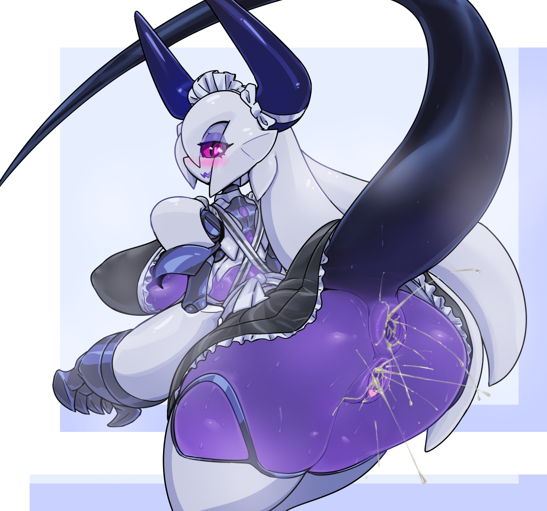 anus, ass, ass focus, blush, censored, claws, cum in pussy, female, horns, orca (pochincoff), pochincoff, purple skin, pussy, tagme, tail, tail asshole, thick thighs, white hair
