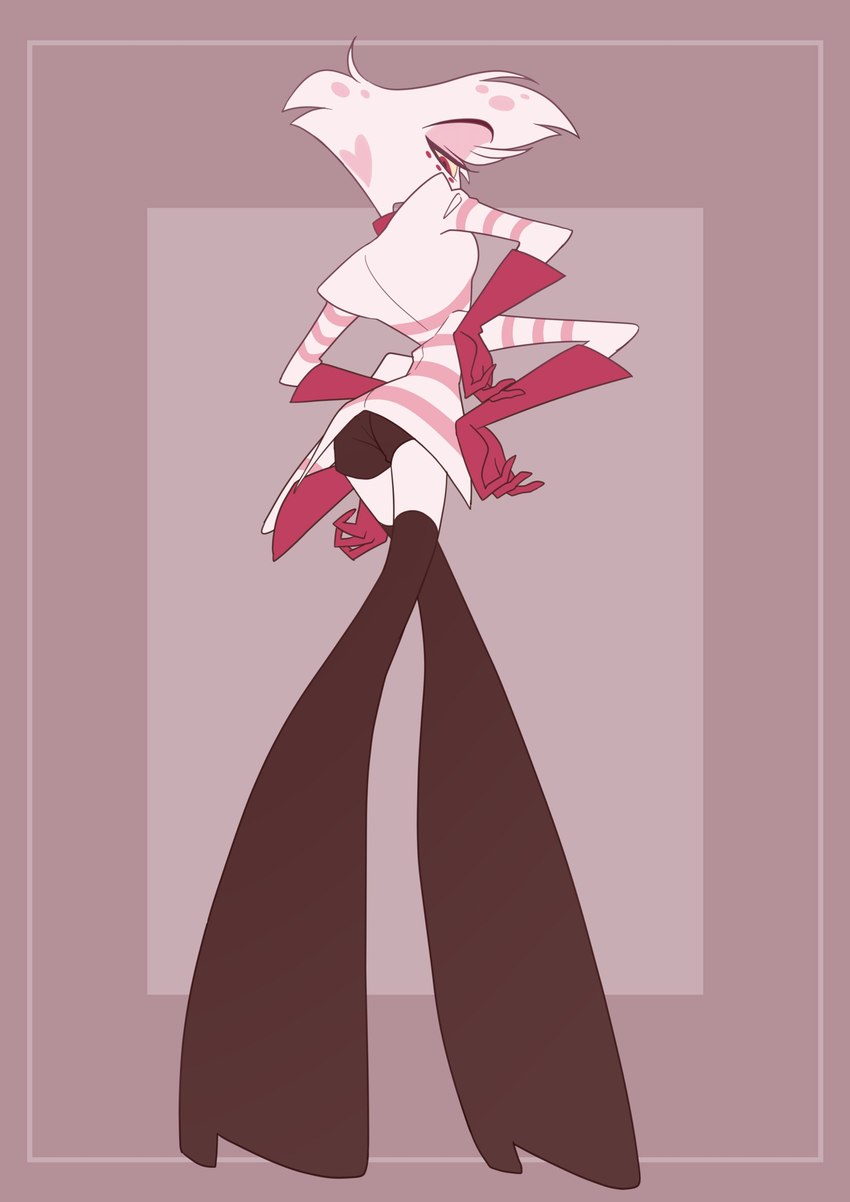 1boy, 4 arms, angel dust (hazbin hotel), arachnid, arched back, ass, demon, femboy, hazbin hotel, looking down, male, multi arm, multi limb, solo, solo focus, solo male, spider, thighhighs