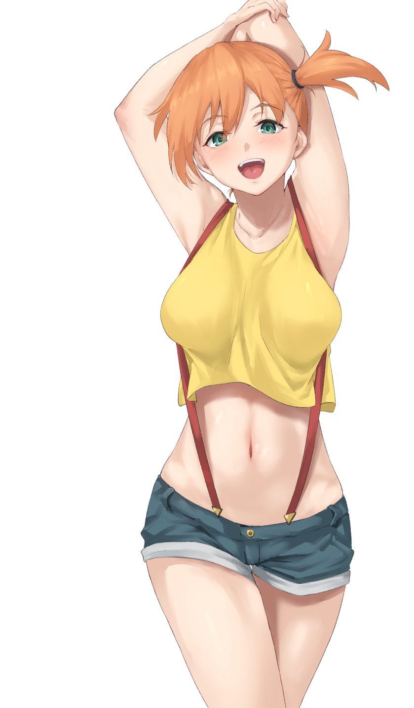 arm behind head, armpits, arms up, asymmetrical hair, bangs, blush, breasts, creatures (company), female, game freak, green eyes, highres, huge breasts, kasumi (pokemon), large breasts, navel, nintendo, orange hair, pokemon, pokemon (anime), pokemon (classic anime), ponytail, red hair, shirt, short hair, shorts, side ponytail, sleeveless, sleeveless shirt, solo, suspenders, teecue, tied hair, yellow shirt