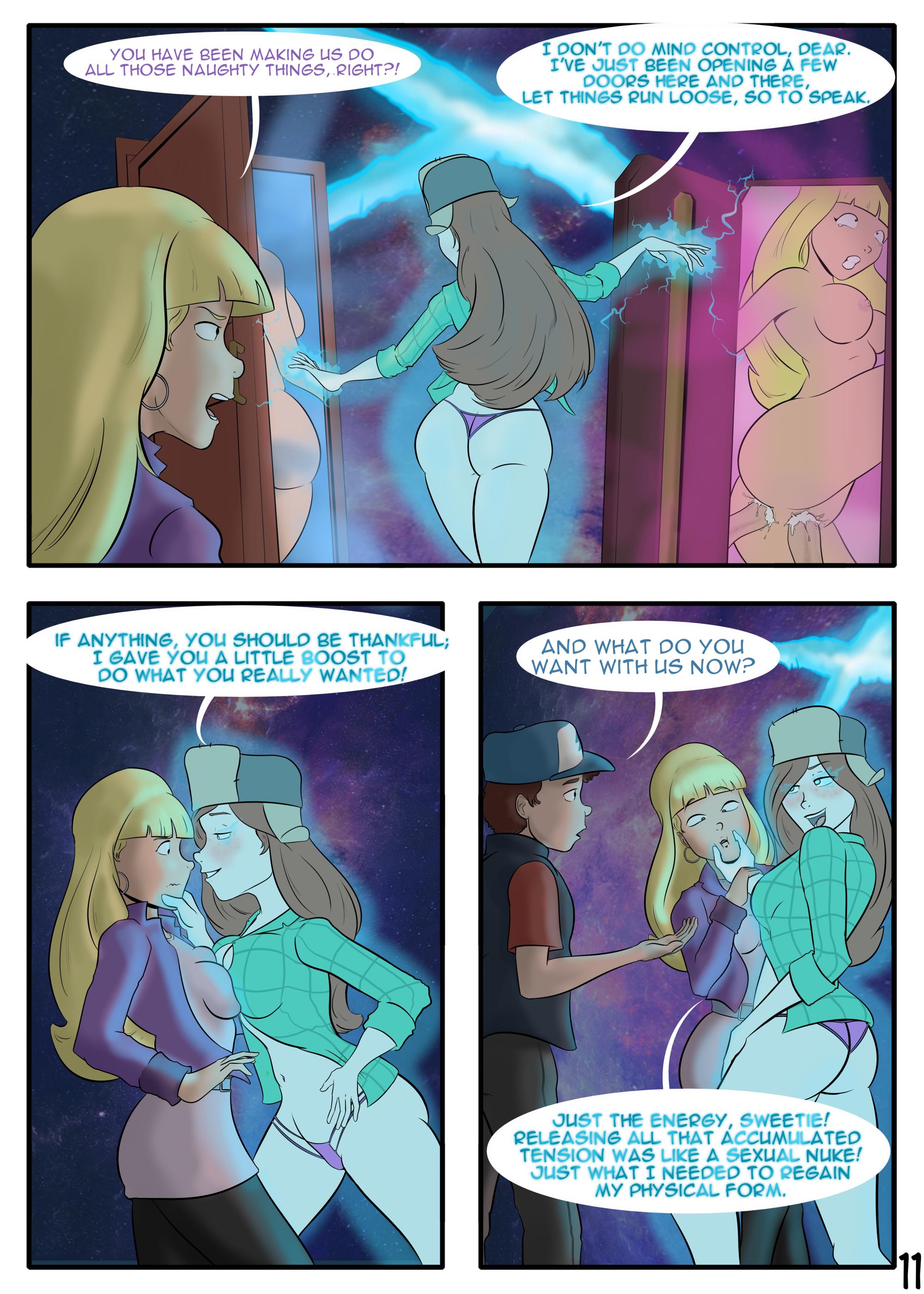 1boy, 2girls, aged up, ass, blonde hair, blue eyes, blush, boob window, breast press, breasts, brown hair, casual exposure, comic, cum, cum in ass, cum in pussy, cum inside, dipper pines, double penetration, english text, female, ginger hair, glowing eyes, gravity falls, half nude, male, pacifica northwest, page 11, panties, purple panties, pussy, rape, sealedhelm, smooth skin, speech bubble, tears, thong, underwear, wendy corduroy