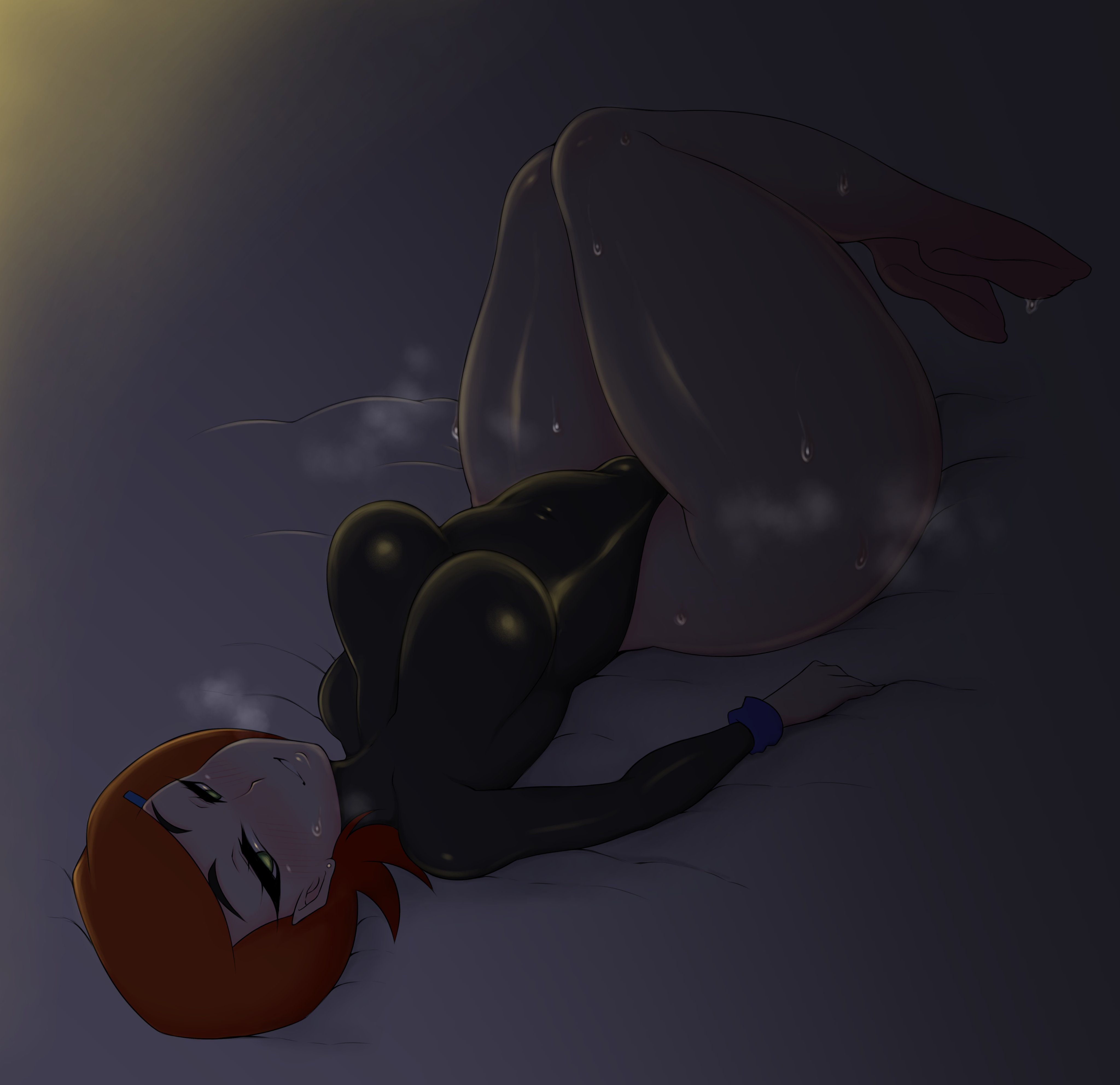1girls, ben 10, blush, breasts, female, female only, gwen tennyson, large breasts, latex, orange hair, raven (cosplay), saltyxodium, seductive, simple background, solo, thick thighs, tight clothing