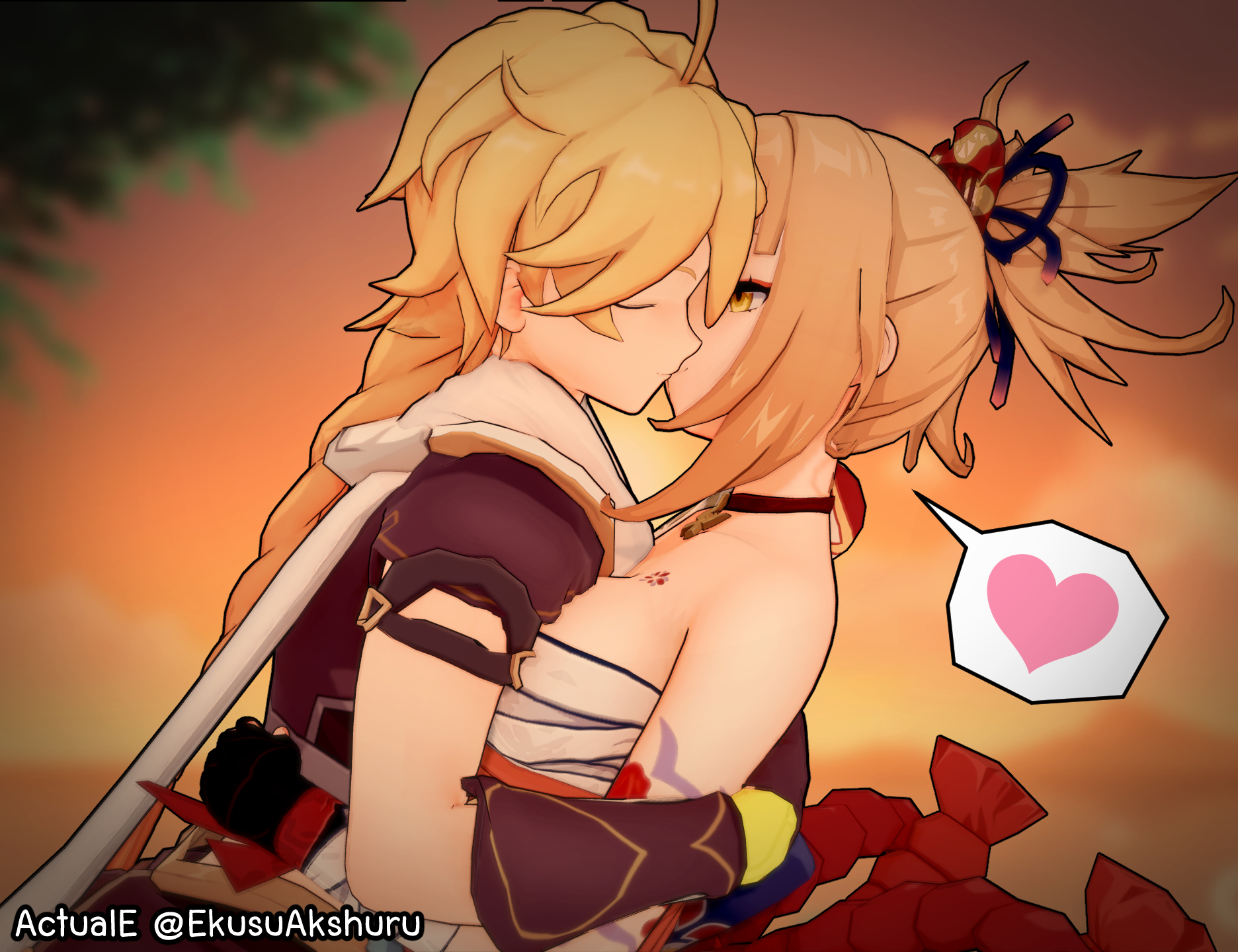 3d, 3d (artwork), actuale, aether (genshin impact), before sex, big breasts, blonde hair, breasts, female, genshin impact, heart, holding, hug, imminent sex, kissing, koikatsu, long hair, mihoyo, pleasure face, shimenawa, short hair, yoimiya (genshin impact)