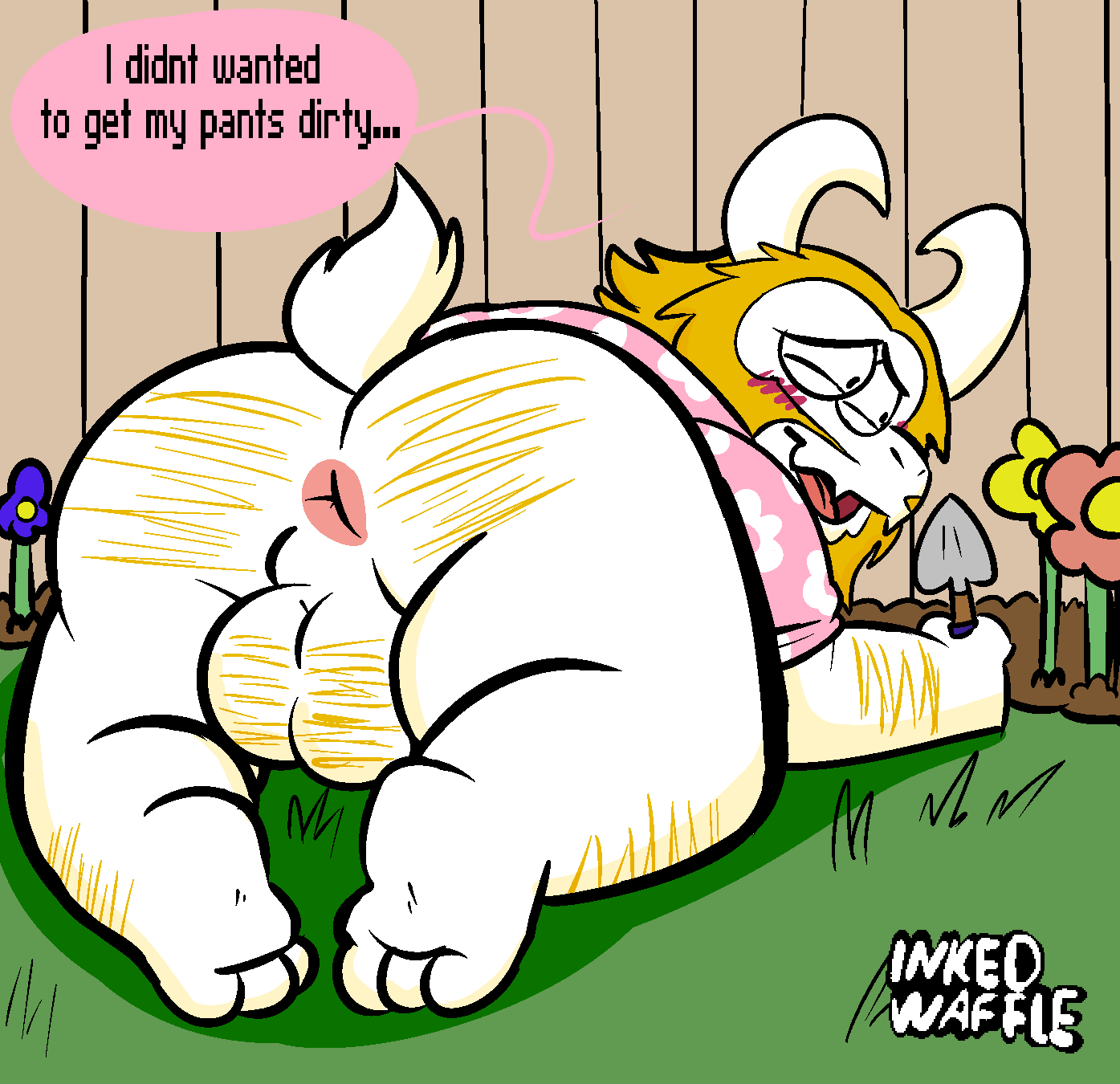 2022 anthro anus asgore_dreemurr ass backsack balls blush bovid bovine clothing flower garden gardening genitals hi_res inked-waffle male male_only mammal outside overweight overweight_male plant shirt solo topwear undertale_(series) weird_implications white_body