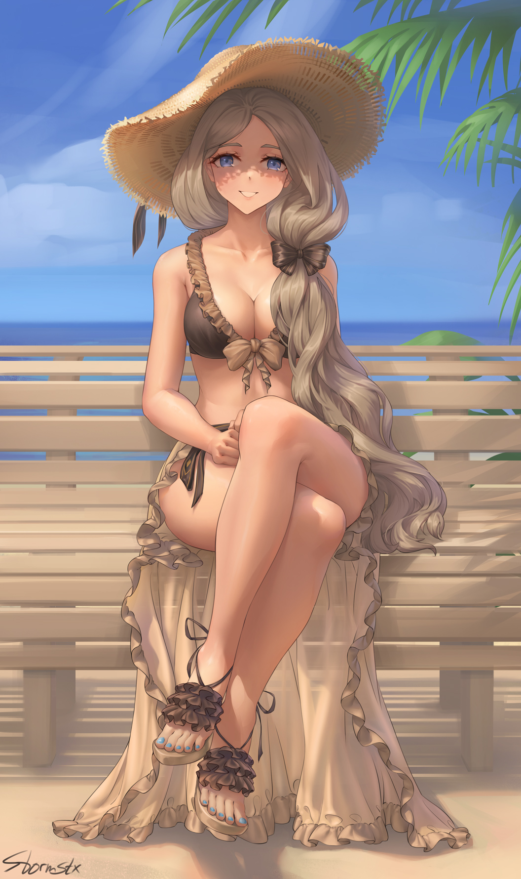 1girls bare_shoulders beach bikini blonde_hair blue_hair blue_nails blue_sky bow breasts brown_bikini brown_swimsuit cleavage collarbone crossed_legs female female_only fire_emblem fire_emblem:_three_houses fire_emblem_heroes frilled_bikini frills front-tie_top grin hairbow hat highres large_breasts mercedes_von_martritz mercedes_von_martritz_(summer) nail_polish nintendo official_alternate_costume outdoors palm_tree sandals sarong see-through shadow signature sitting sky smile solo stormstx straw_hat sun_hat swimsuit toenails tree